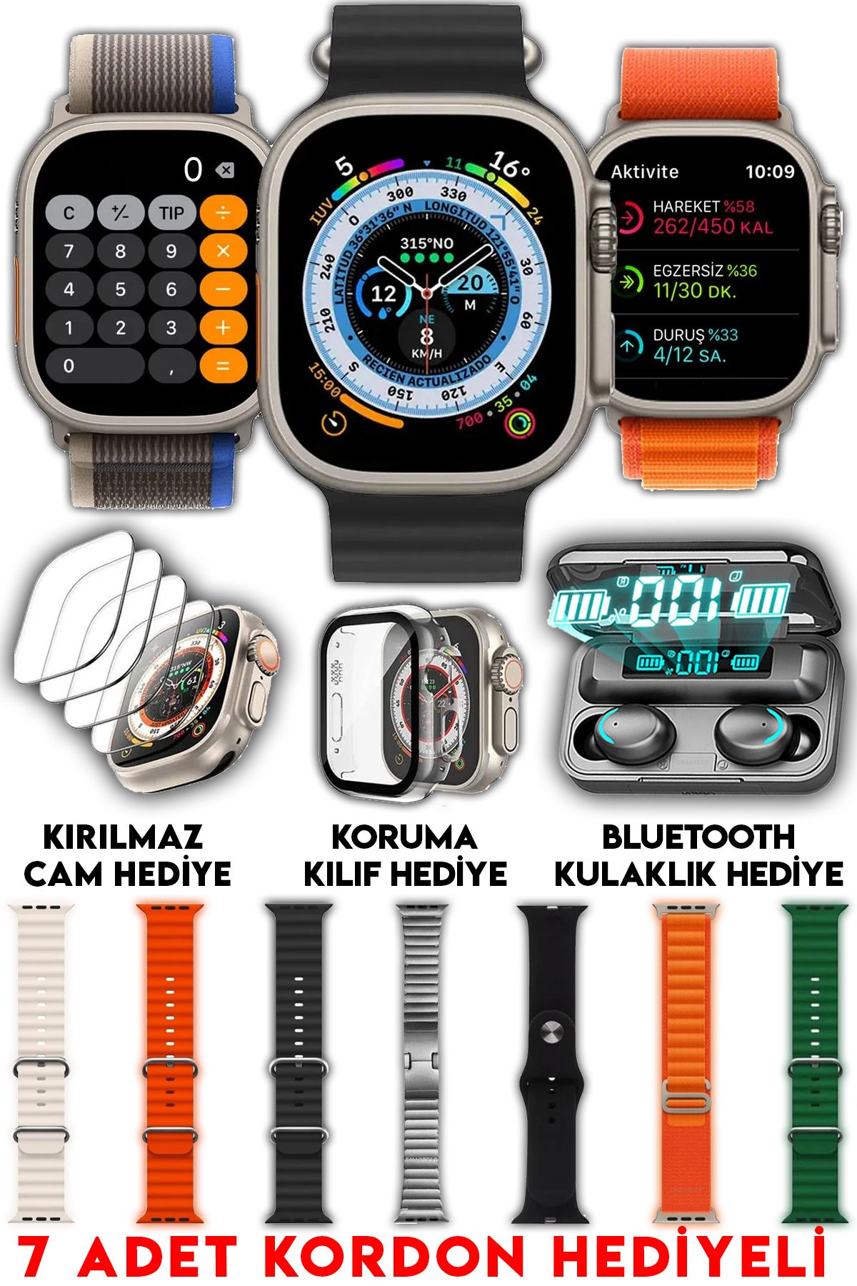 SMARTEST Akıllı Saat Watch Ultra+49mm Bluetooth Kulaklık 7 Kordon Kasa Koruma Kırılmaz Cam Hediye Smartwatch