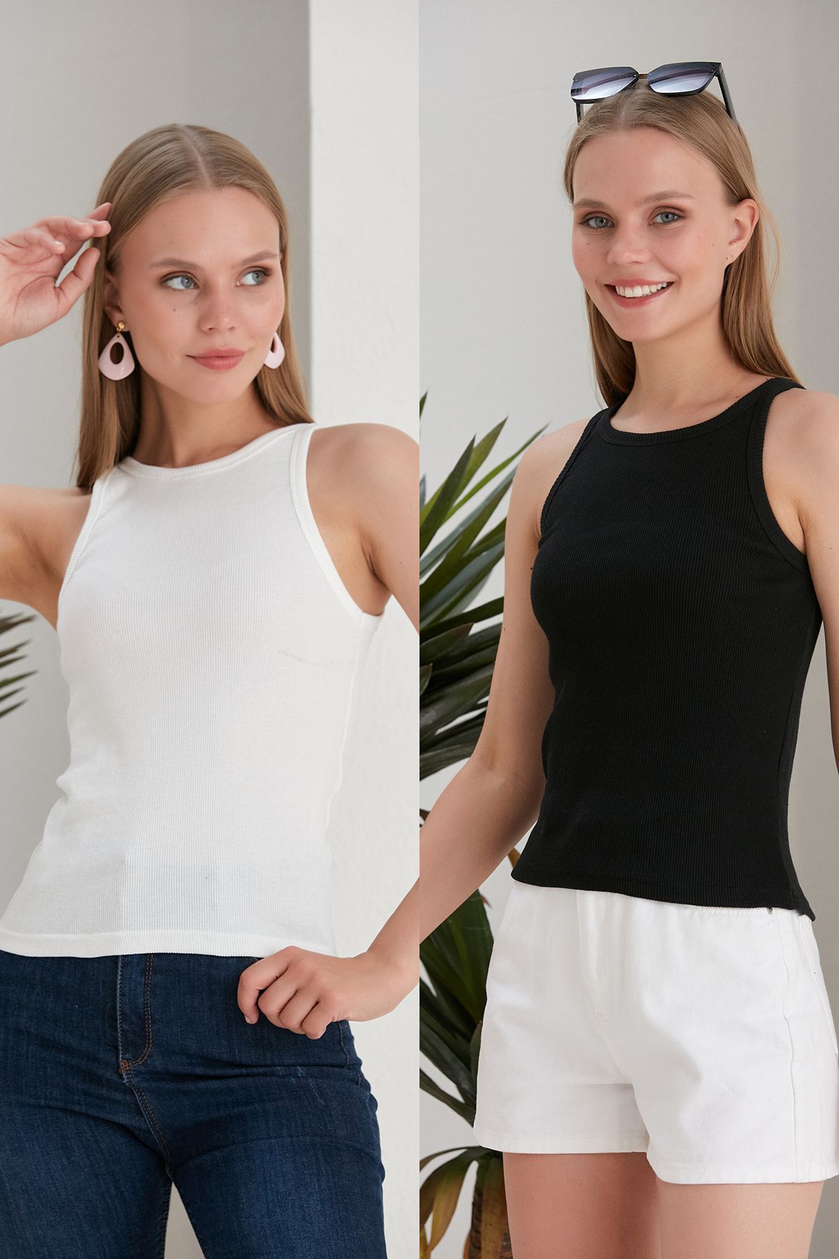 CATSPY Siyah Beyaz 2'li Fitted/Vücuda Oturan Fitilli Esnek Örme Bluz Set