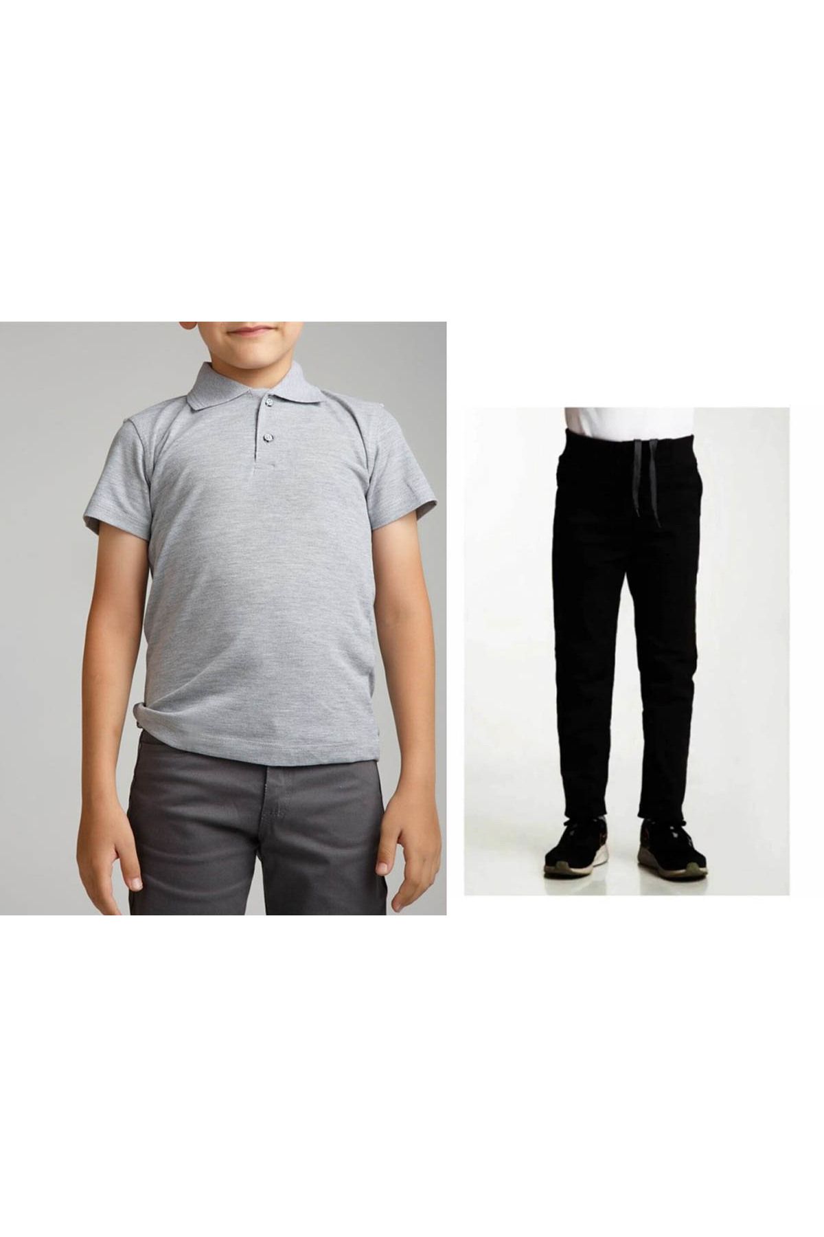 FATELLA Unisex çocuk okul ribana bel pantolon - gri kısa kol Polo yaka t-shirt 2li takım