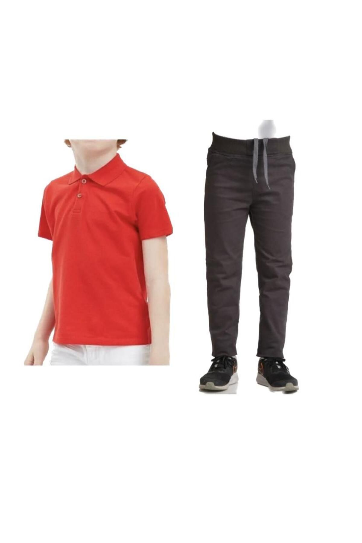 FATELLA Unisex çocuk okul ribana bel pantolon - kırmızı kısa kol Polo yaka Tişört İkili takım