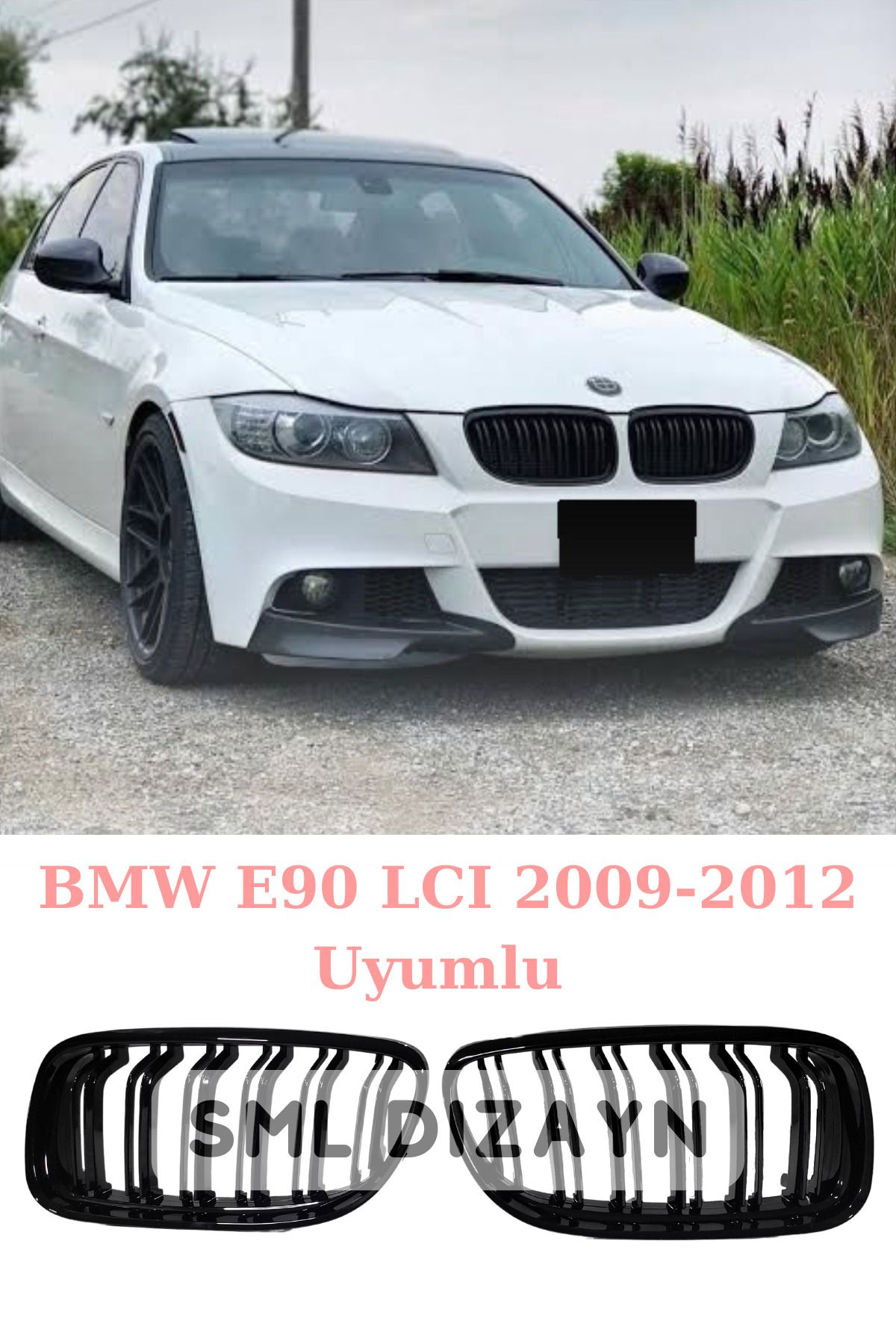 SML Dizayn BMW E90 LCI 2009-2012 M3 Ön Panjur Çift Çizgi PLASTİK Piano Black E90 Ön-Tampon-Panjur-Böbrek-Izgara