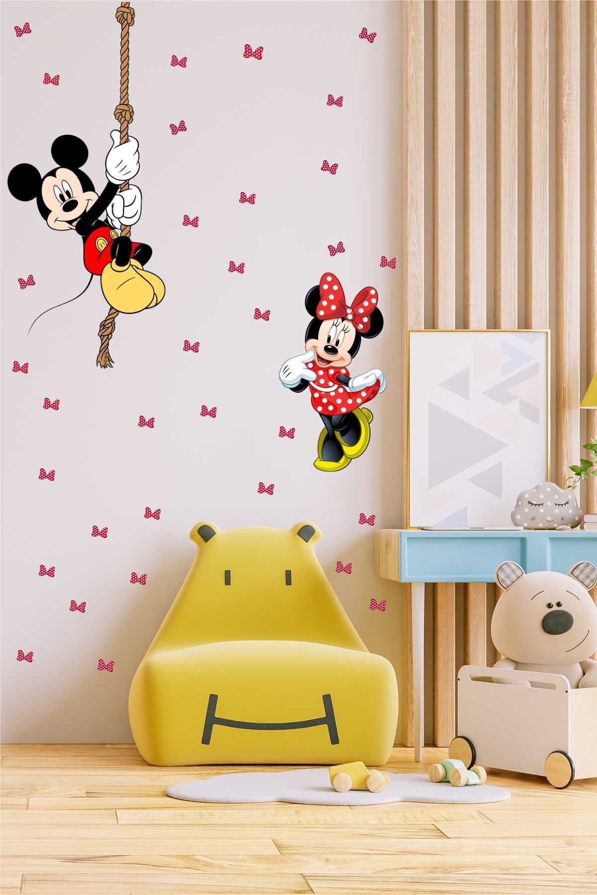 efekt reklam Kırmızı Ve Beyaz Puantiyeli Minnie Mouse Ve Mickey Mouse Çocuk Bebek Odası Duvar Süsü Duvar Sticker