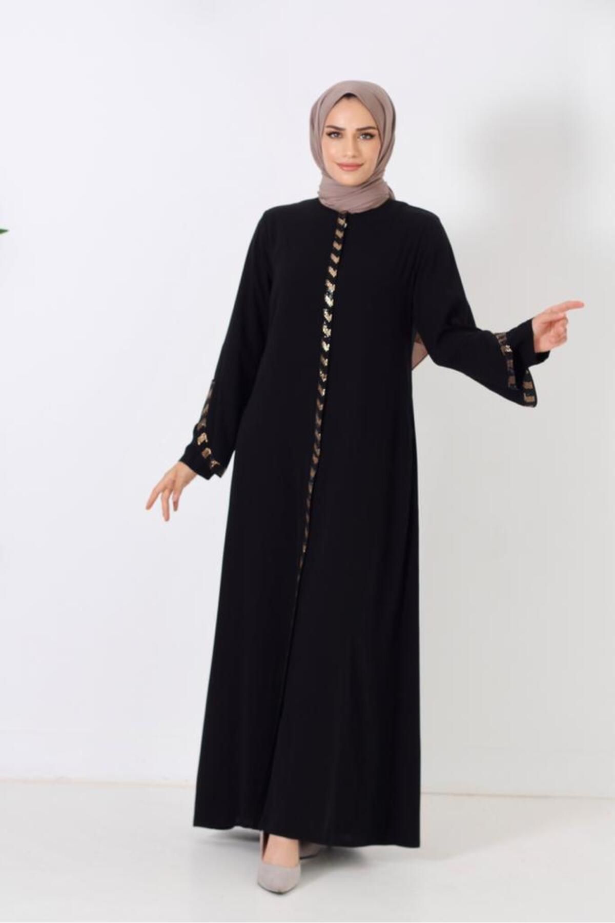 LEAF Fashion for Women Önden Fermuarlı Patlı Koldan Detaylı Lazer Taşlı Rabia Krep Kumaş Ferace