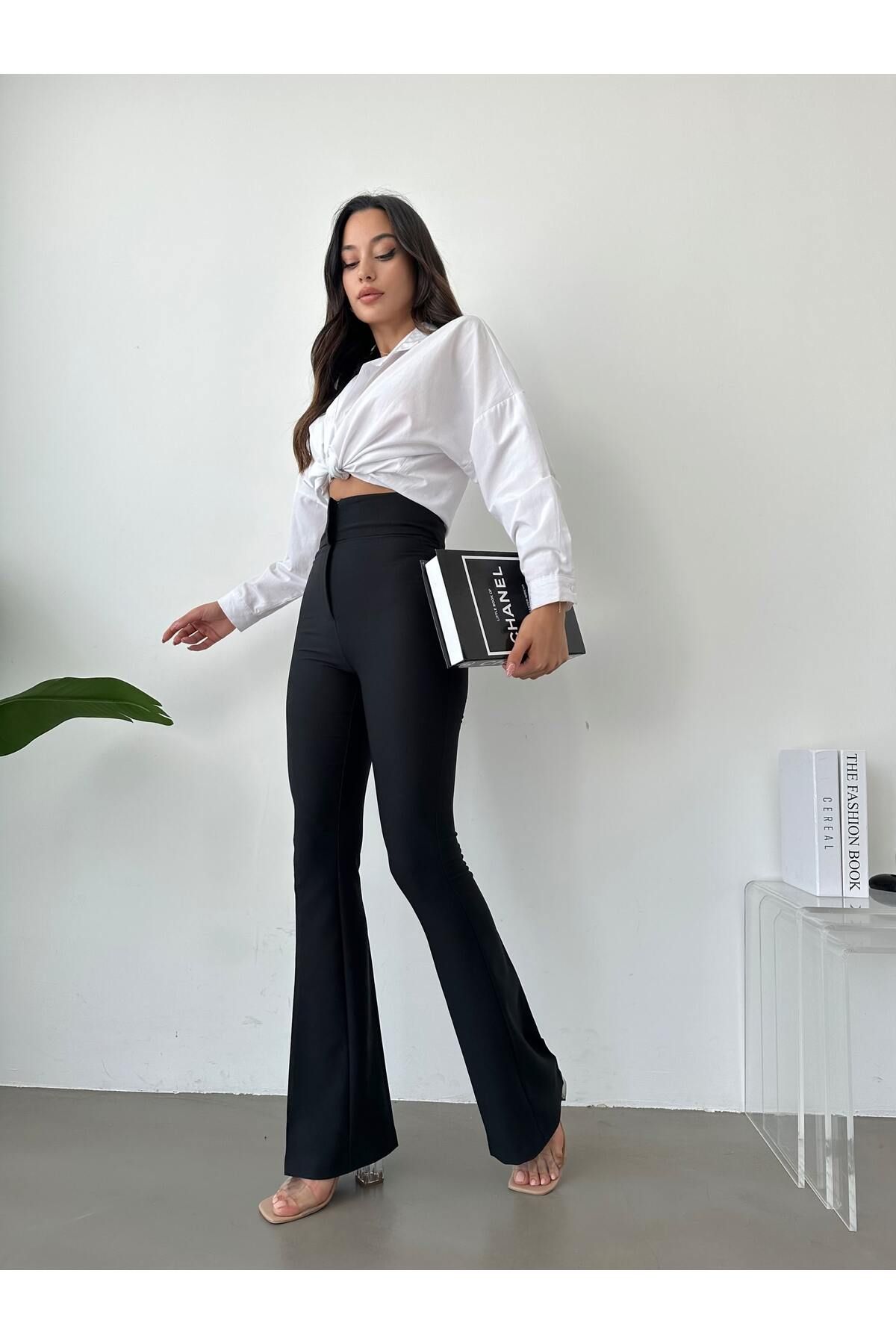 Valeria Vilson Kadın Siyah Extra Yüksek Bel Ispanyol Paça Kumaş Pantolon
