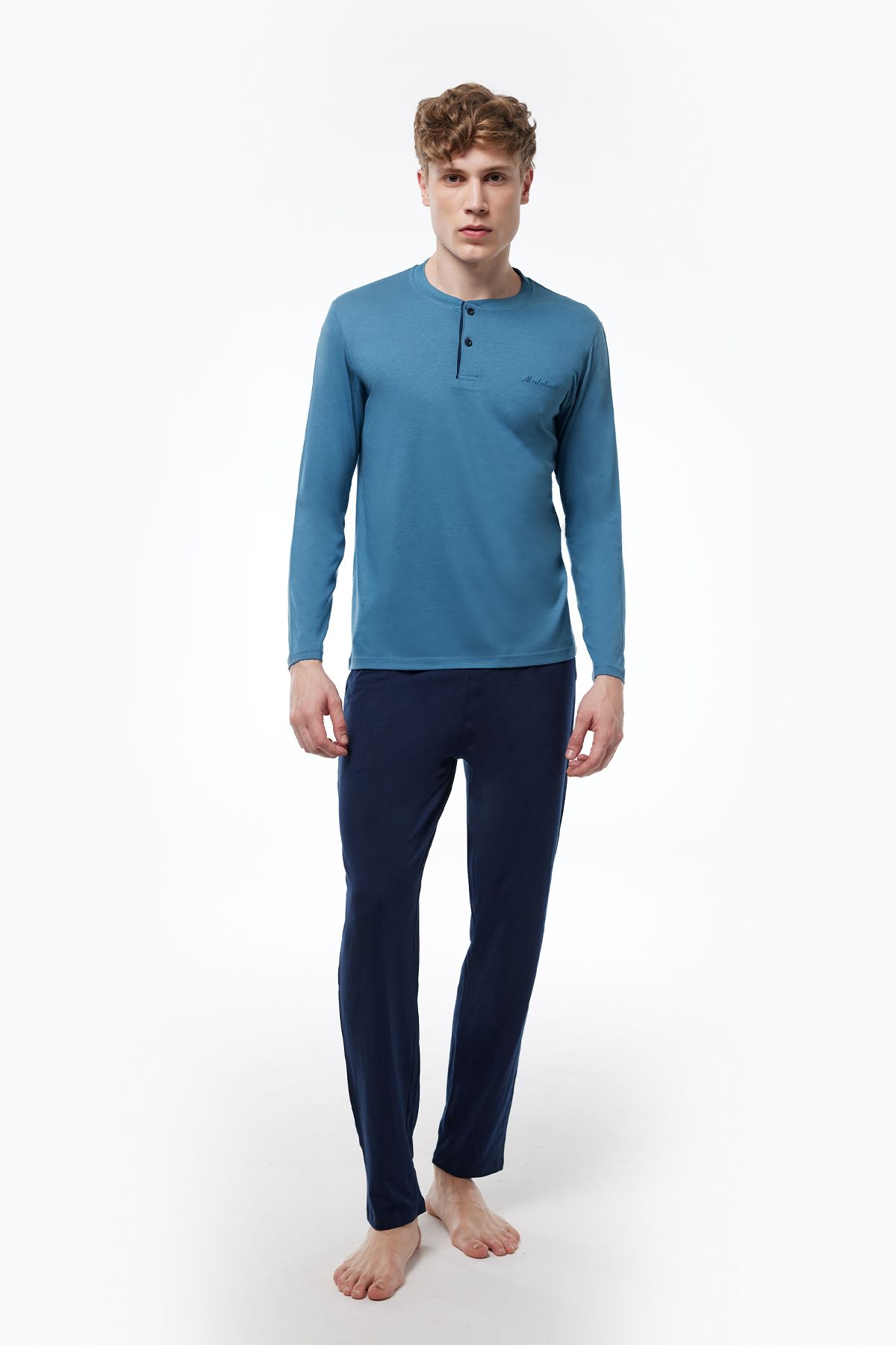 Malabadi Erkek Mavi Düğmeli Yaka Uzun Kollu Kışlık Pijama Takımı 6010
