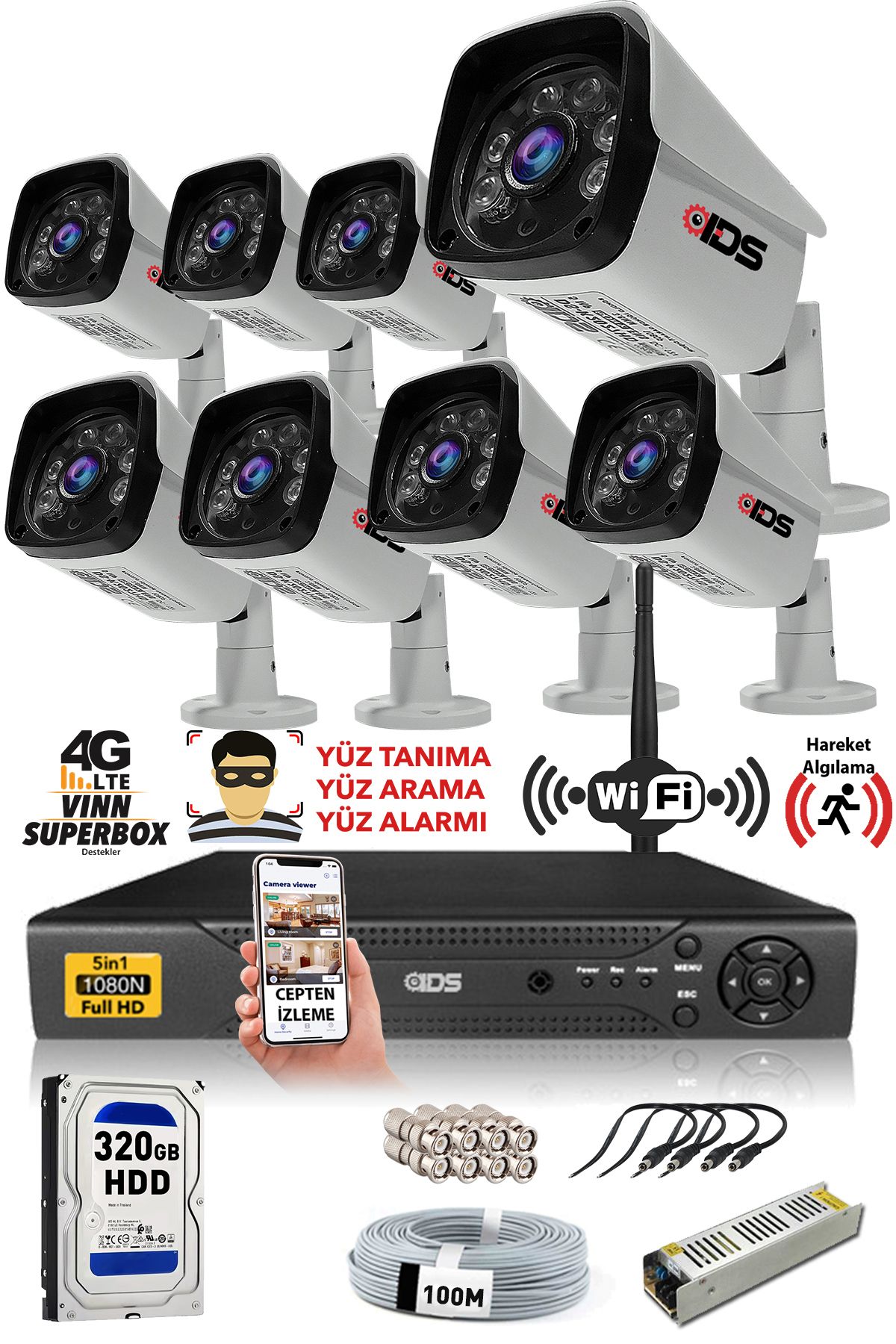 IDS 8 Kameralı Set - 5mp Sony Lensli Full Hd Gece Görüşlü Güvenlik Kamerası Sistemi 320 Dış