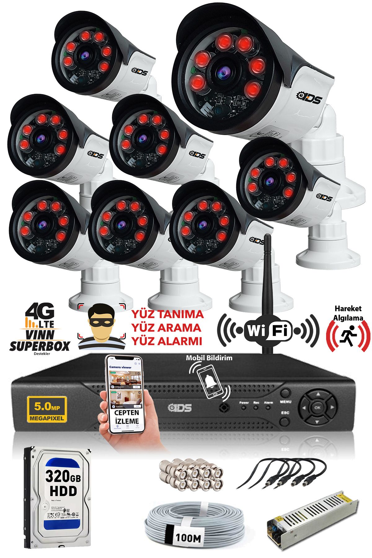 IDS 8 Kameralı Set - 5mp Sony Lensli Full Hd Gece Görüşlü Güvenlik Kamerası Sistemi - Cepten Izle