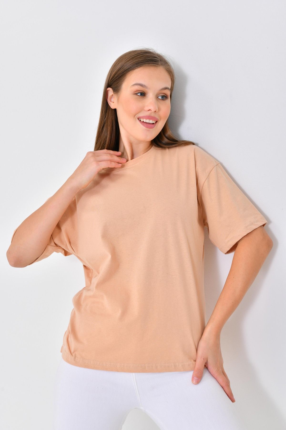 mirach %100 Pamuk Tişört Kısa Kollu Düz Model Kadın T-shirt Pamuklu Tişört Somon (BANDANA HEDİYELİ)