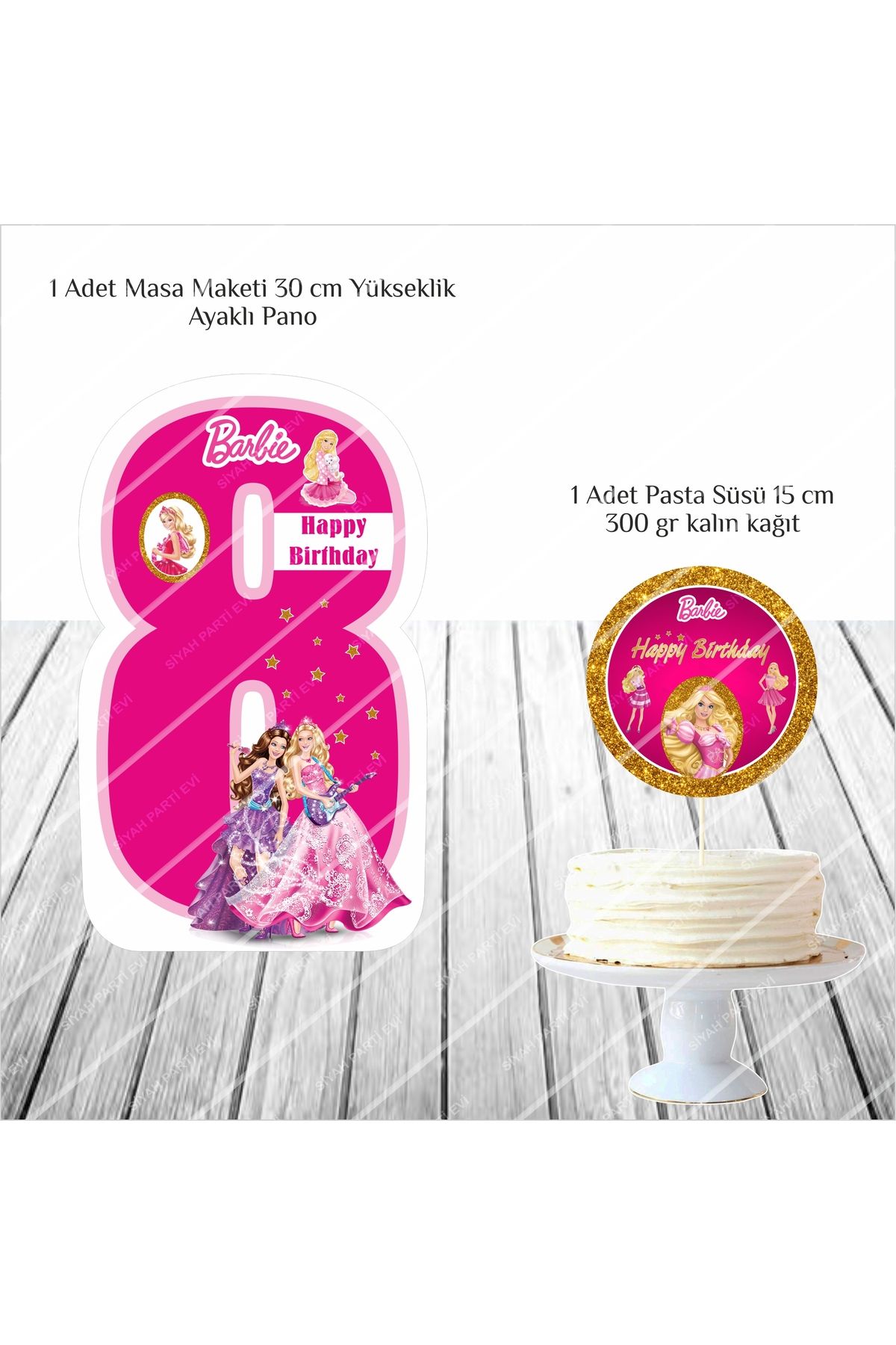 SİYAH PARTİ EVİ Barbie 8 Yaş Doğum Günü Masa Maketi / Pasta Süsü