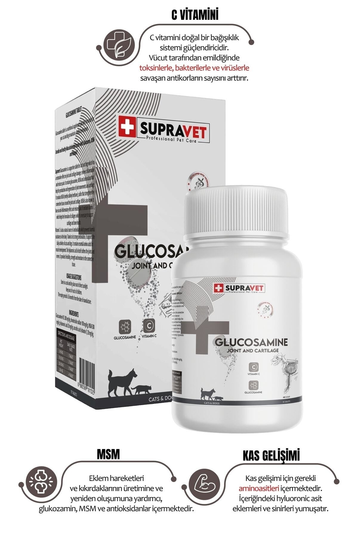 Supravet Glucosamine Kedi Ve Köpek Eklem Sağlığı Güçlendirici Glukozamin Tablet + Vitamin C 75 Tablet