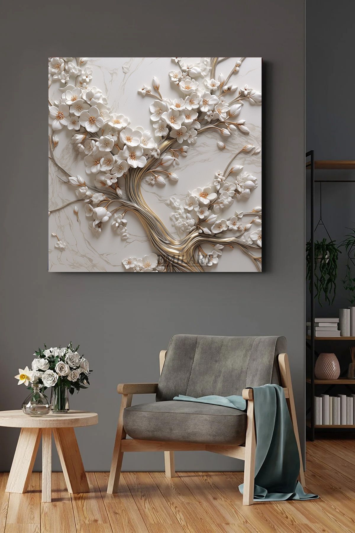 EMİLART Özel Tasarım Beyaz Çiçekli Ağaç HD Kalite Kanvas Tablo Ev,Ofis Şıklık Katın