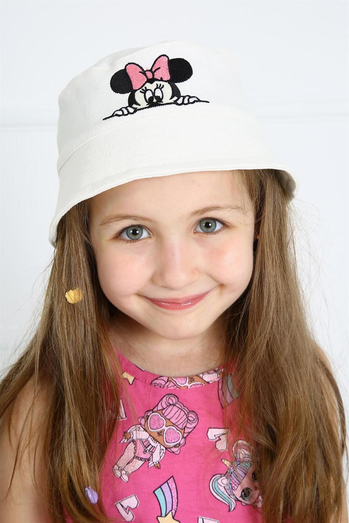 LUESS Kız Çocuk Nakışkı Beyaz Bucket Şapka