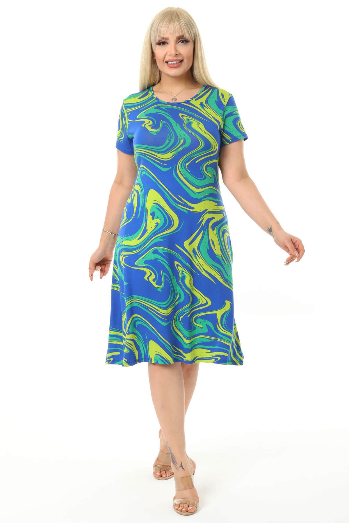 Mooi XXL Kadın Mavi Yeşil Dalga Desen Büyük Beden Midi Elbise