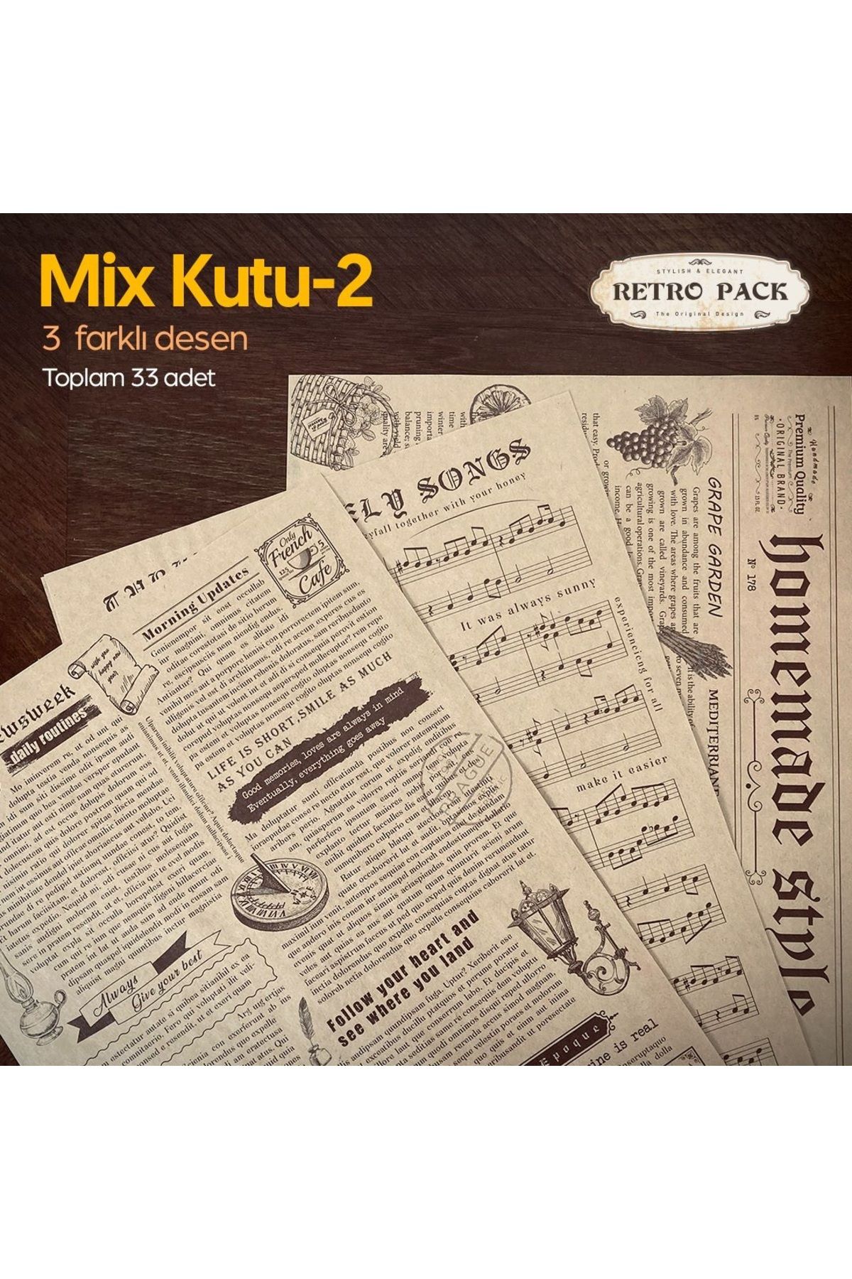Retro Pack 1 Kutuda 33 Adet Desenli Yağlı Kağıt-3 Farklı Desen-mix Kutu 2-sunum Kağıdı-vintage Sunum Kağıdı