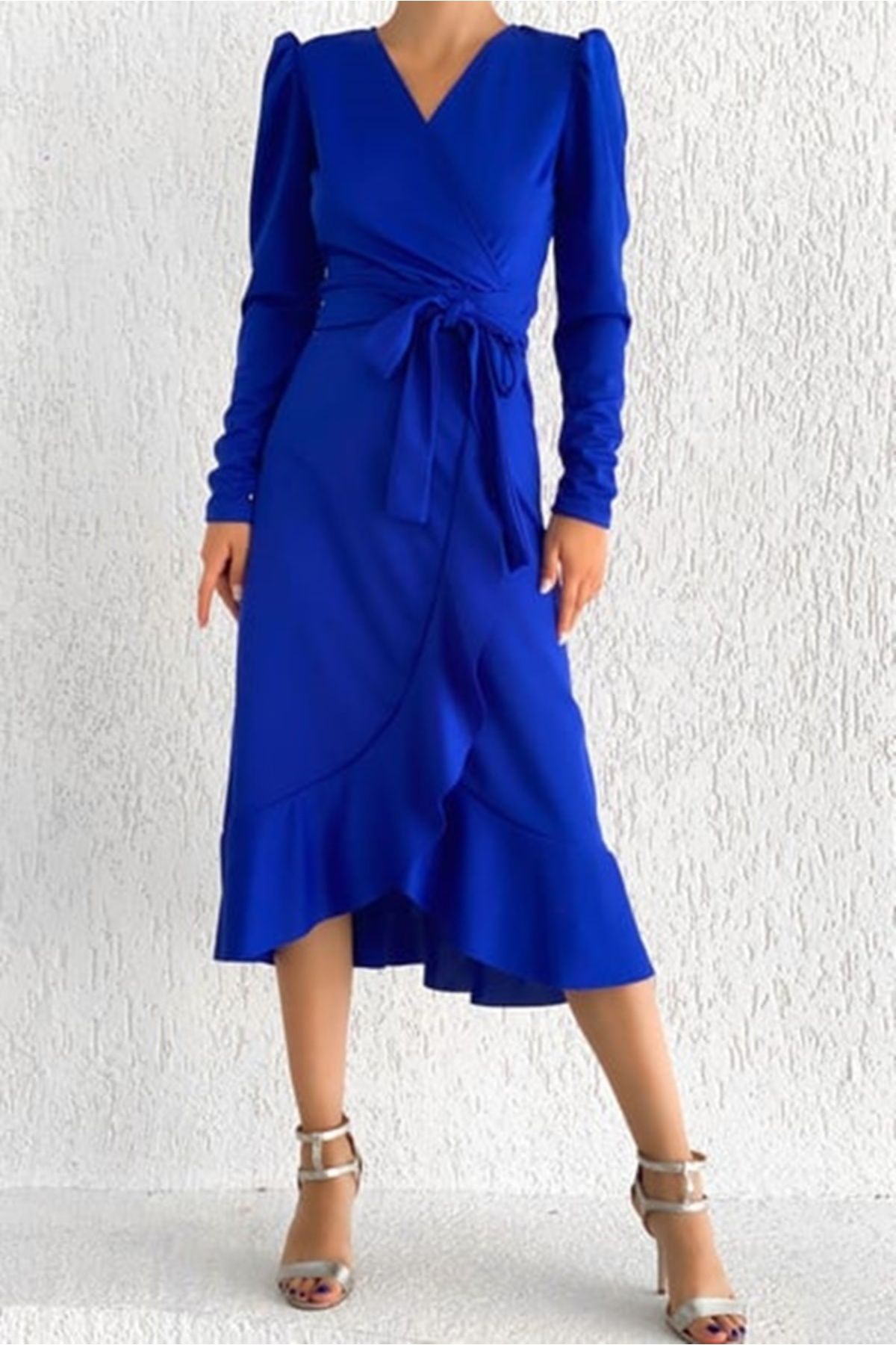 Mossta Kruvaze Yaka Kuşaklı Uzun Kollu Volanlı Fashion Elbise