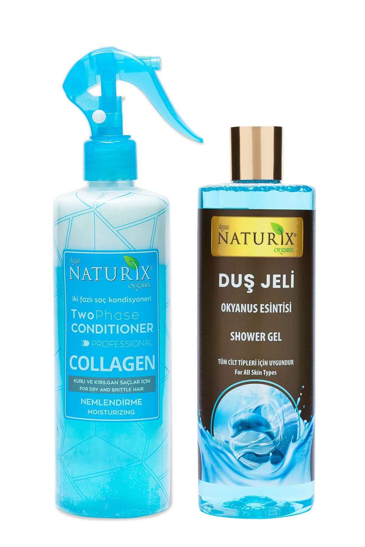 Naturix Bitkisel Collagen Fön Suyu Iki Fazlı Sıvı Saç Kremi 400 ml + Okyanus Esintisi Duş Jeli 400 ml