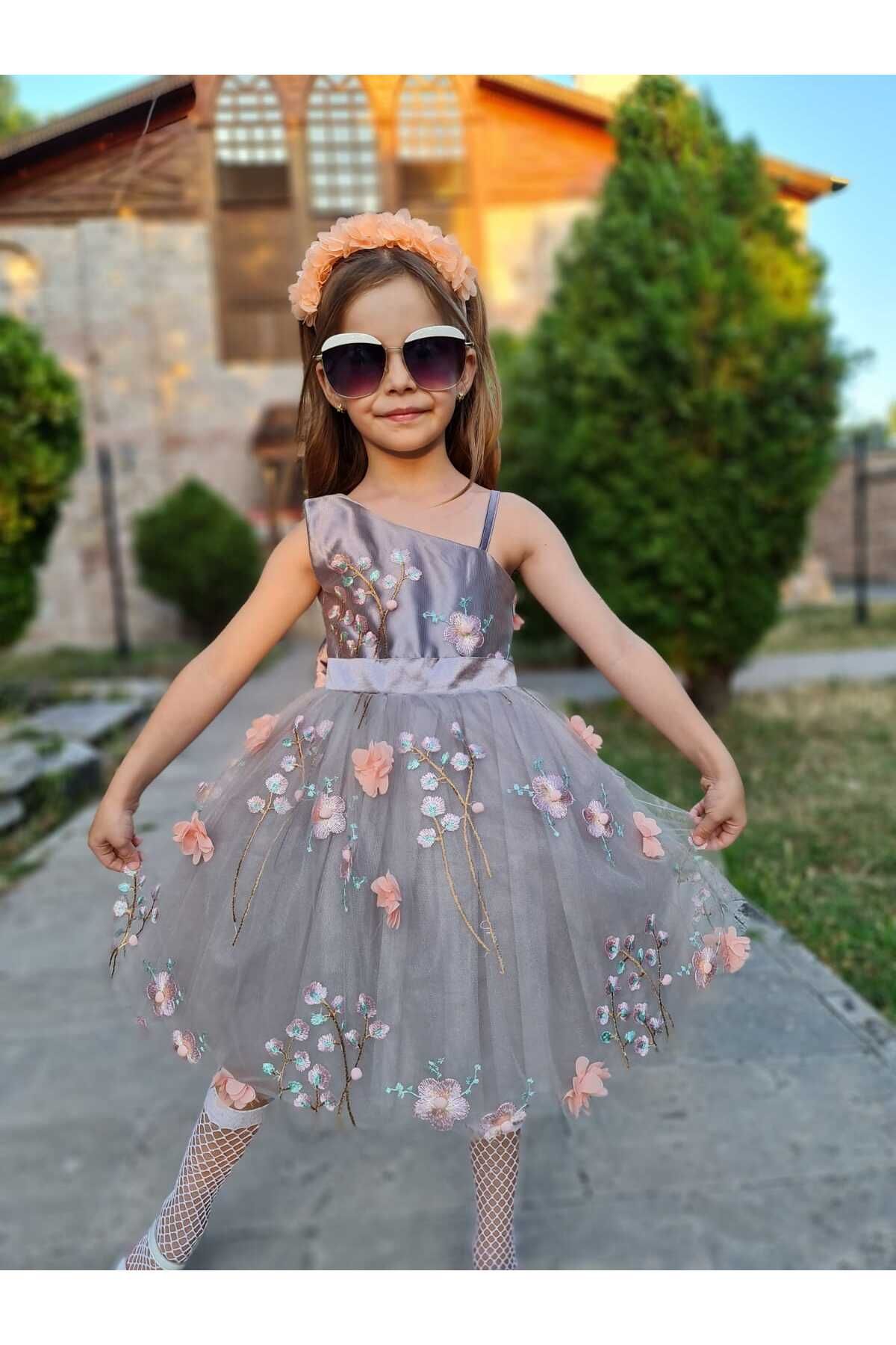 Sare Çocuk Giyim Kız Çocuk Gri Tüllü Somon Çiçekli Dans Elbisesi