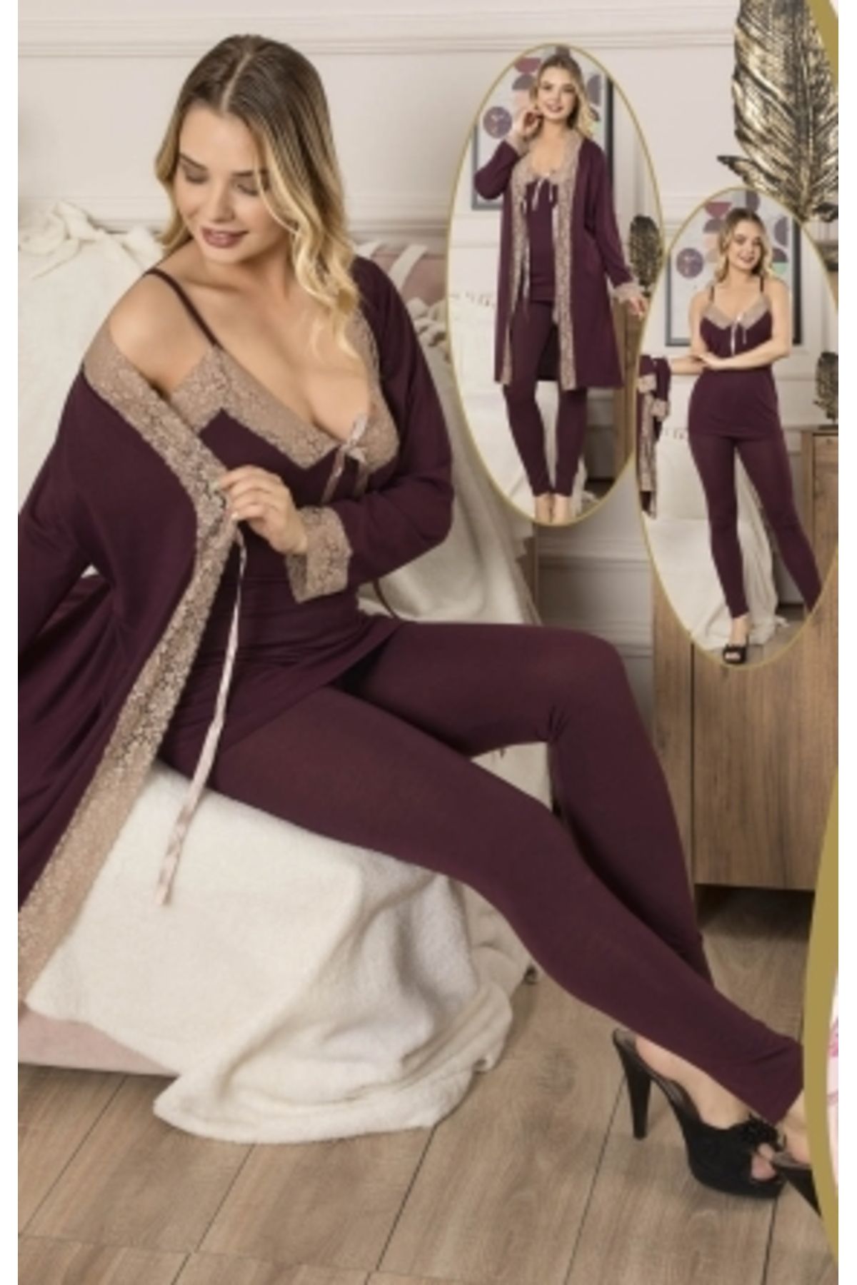 JENİKA Kadın Sabahlıklı Dantel Detaylı 3lü Pijama Takım