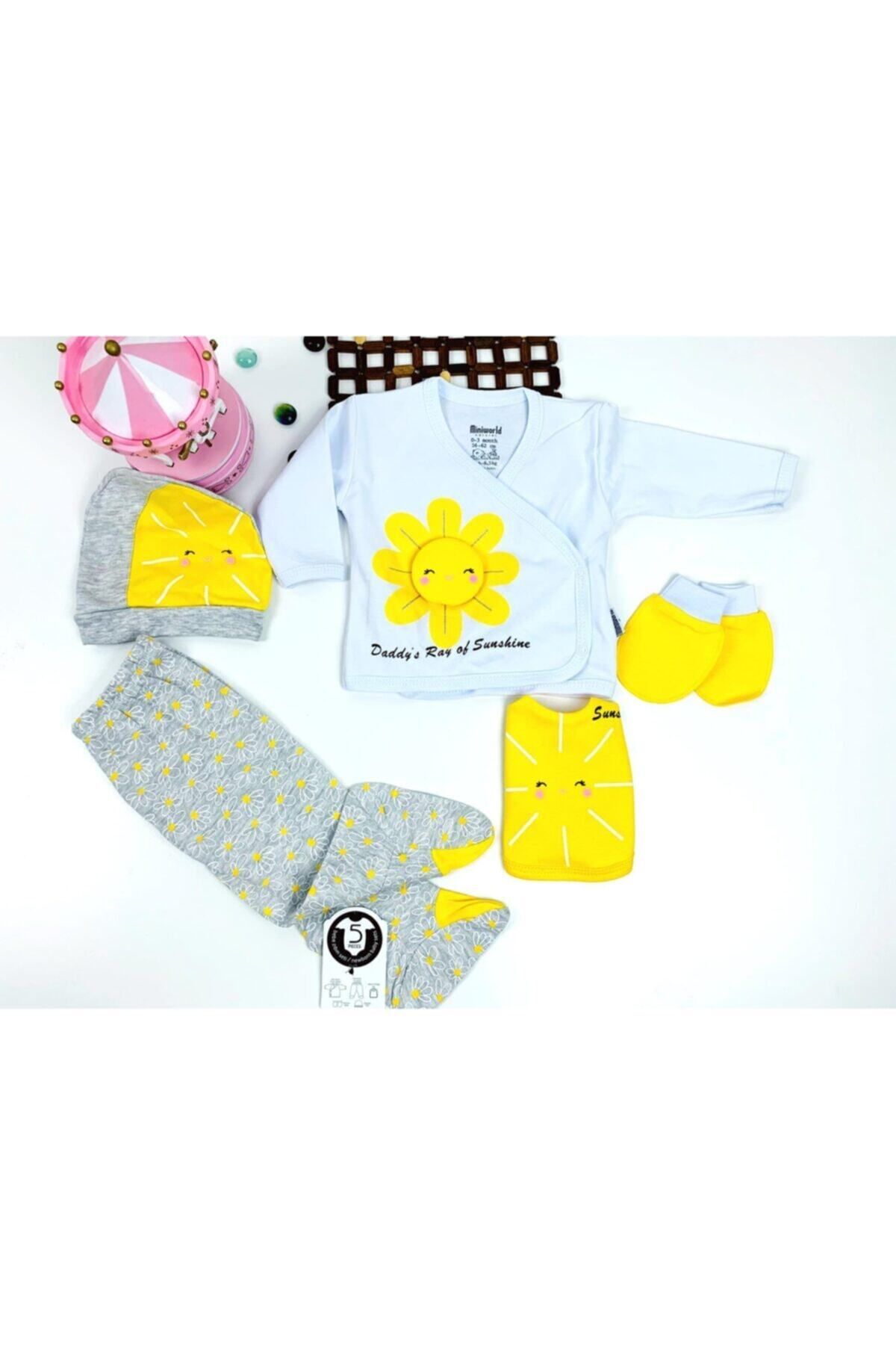 Miniworld Unisex Bebek Beyaz Güneşli 5 Parça Hastane Çıkışı Zıbın Seti