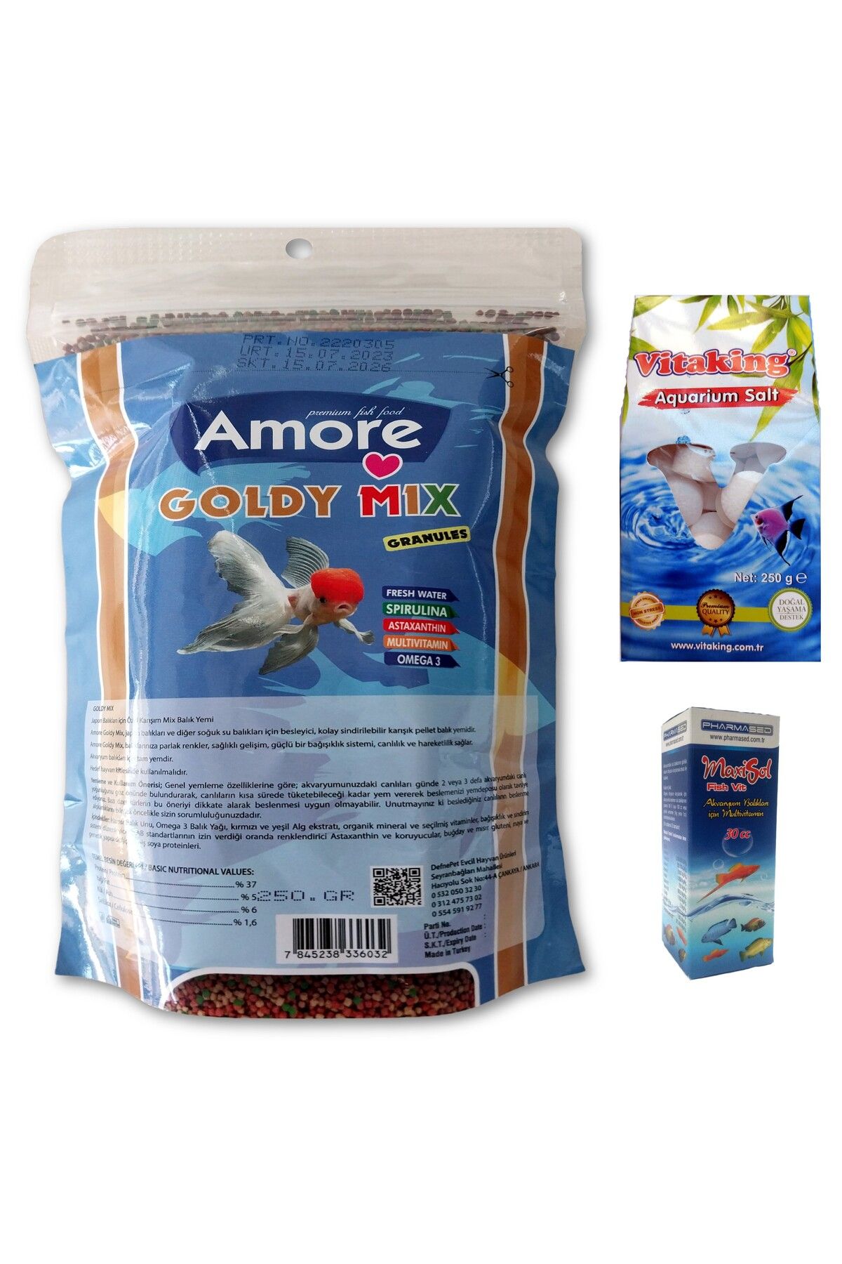 AMORE Goldy Mix Granules Japon Balığı Poşet Yem, Vitamin, Tablet Kaya Tuzu Seti