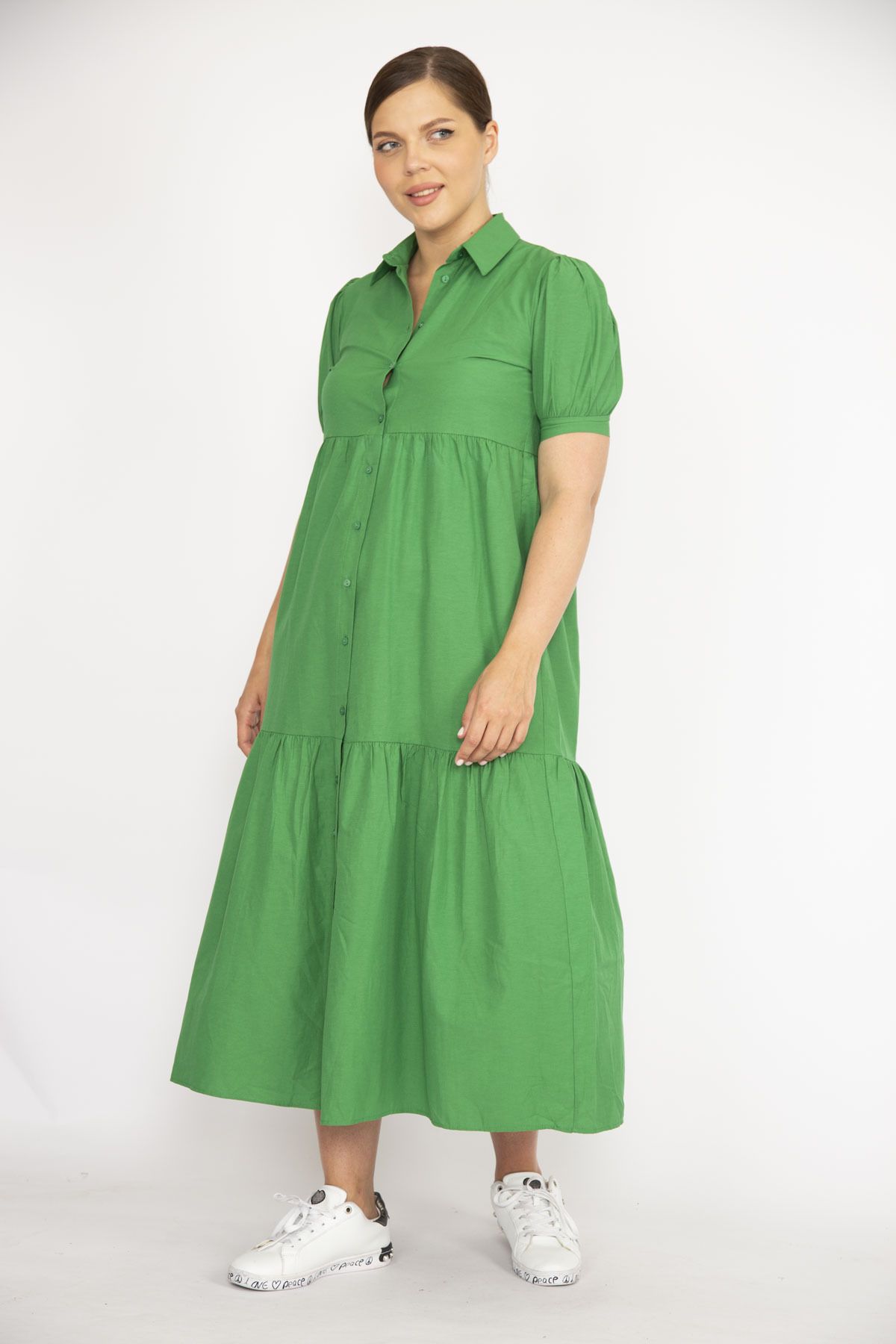 Şans Kadın Büyük Beden Yeşil Poplin Kumaş Ön Boy Düğmeli Elbise 65N36790