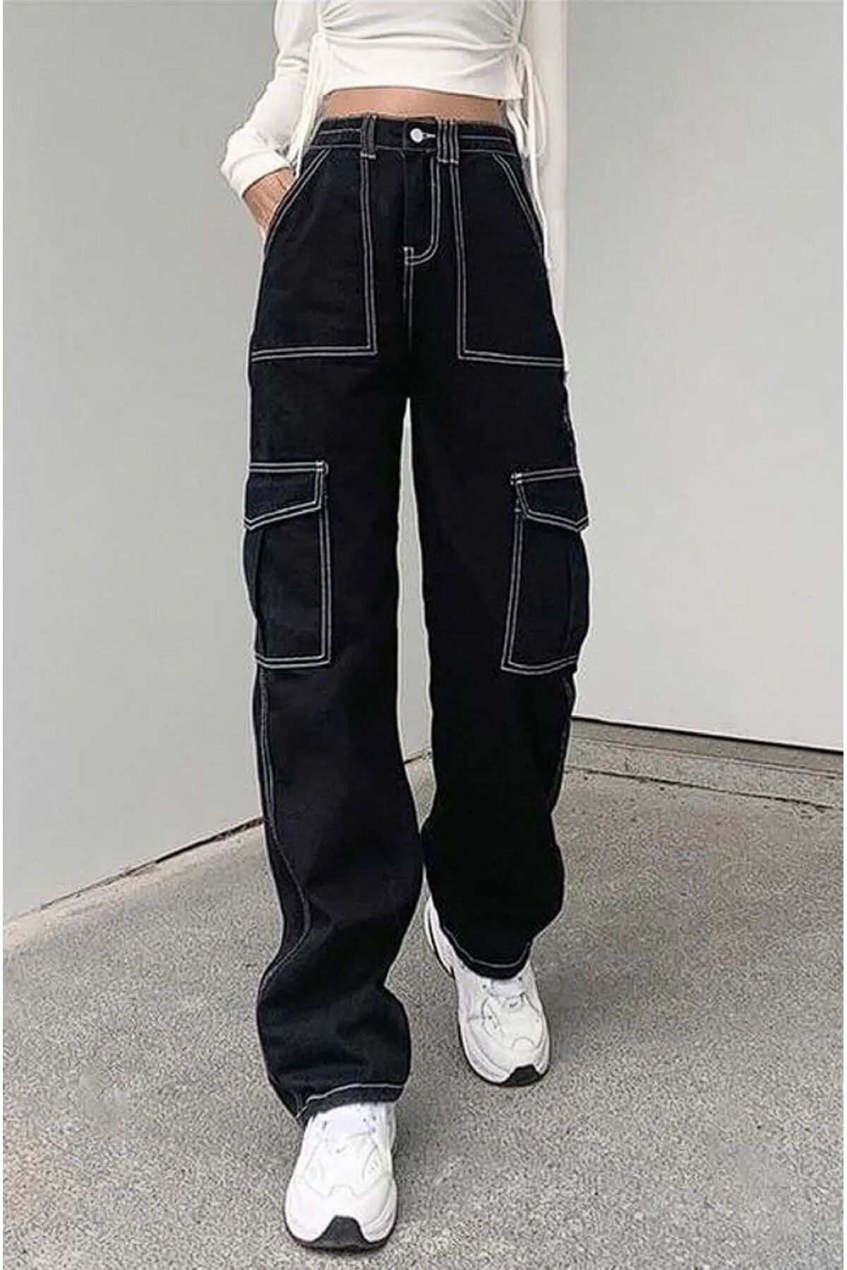 Gofeel Sokak Stili Ters Dikiş İplik Detaylı Siyah Renk Rahat Kalıp Pantolon 3BRO's