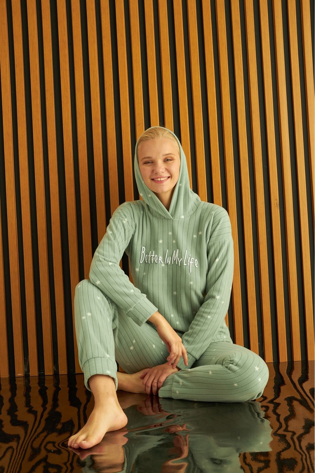 Pijamoni tissue Kapüşonlu Polar Kadın Pijama Takımı