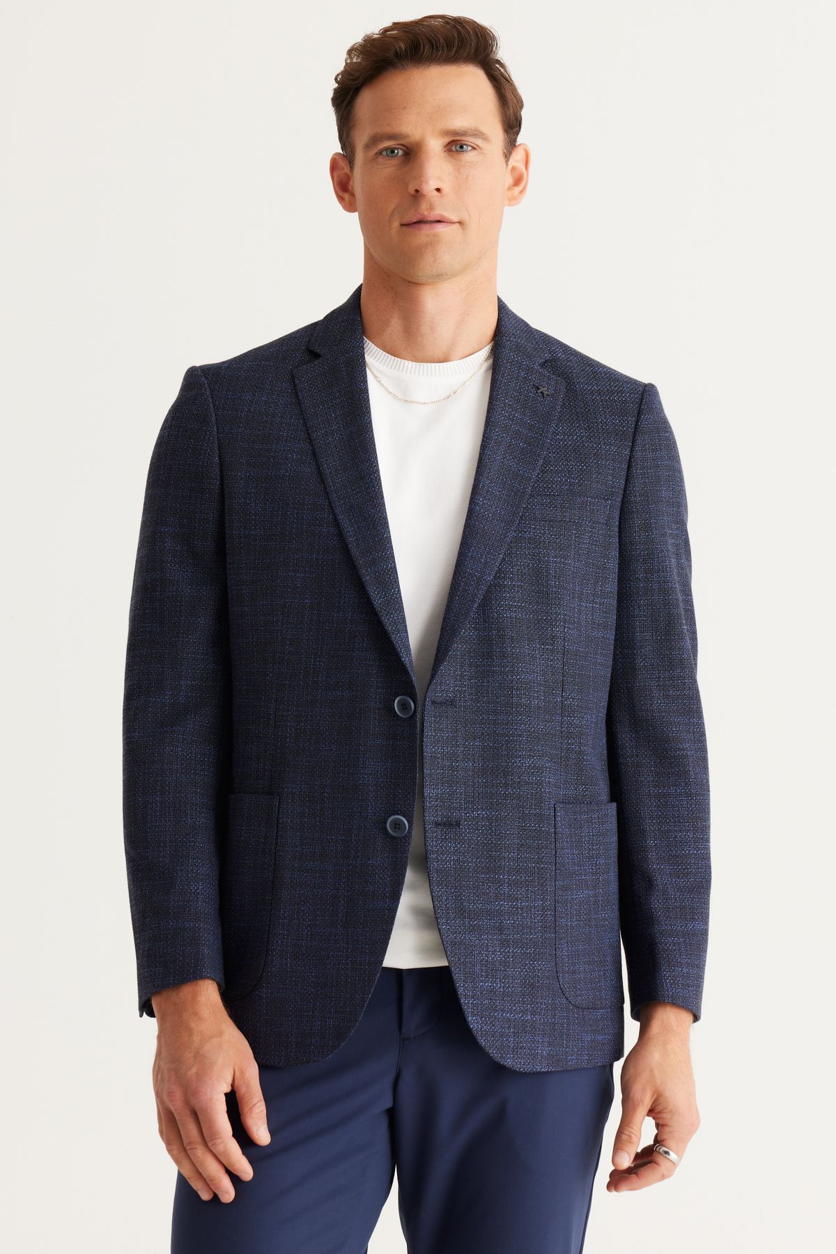 Altınyıldız Classics Erkek Lacivert Comfort Fit Rahat Kesim Mono Yaka Desenli Blazer Ceket