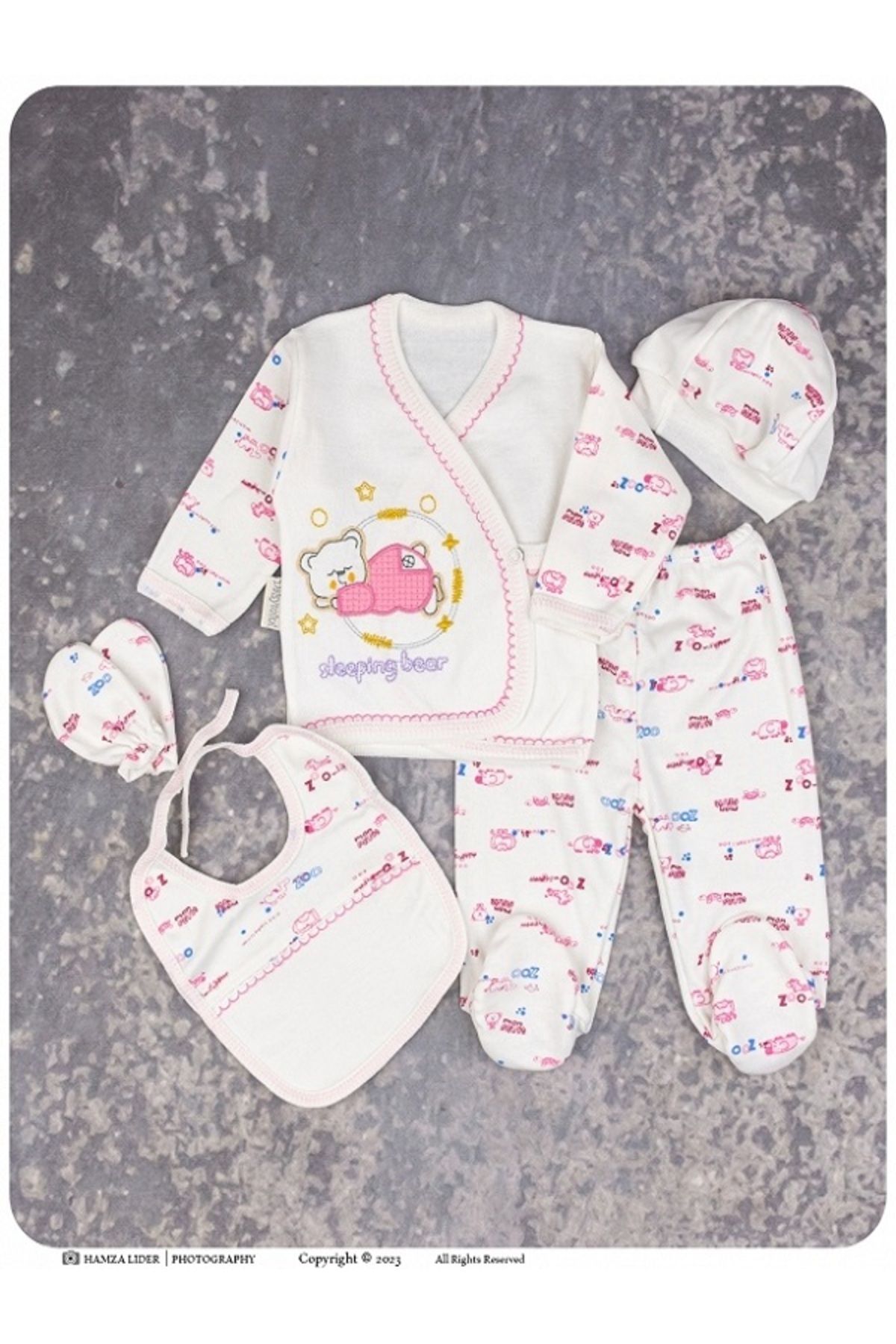Daisymini Baby 5li Zıbın Seti Uyuyan Ayıcık Nakışlı Hastane Çıkışı Yenidoğan Zıbın Set Kutulu Hediyelik