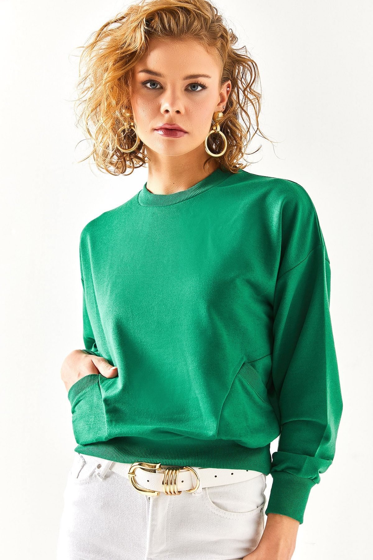 Olalook Kadın Zümrüt Yeşili Cep Detaylı Yumuşak Dokulu Sweatshirt SWT-19000616
