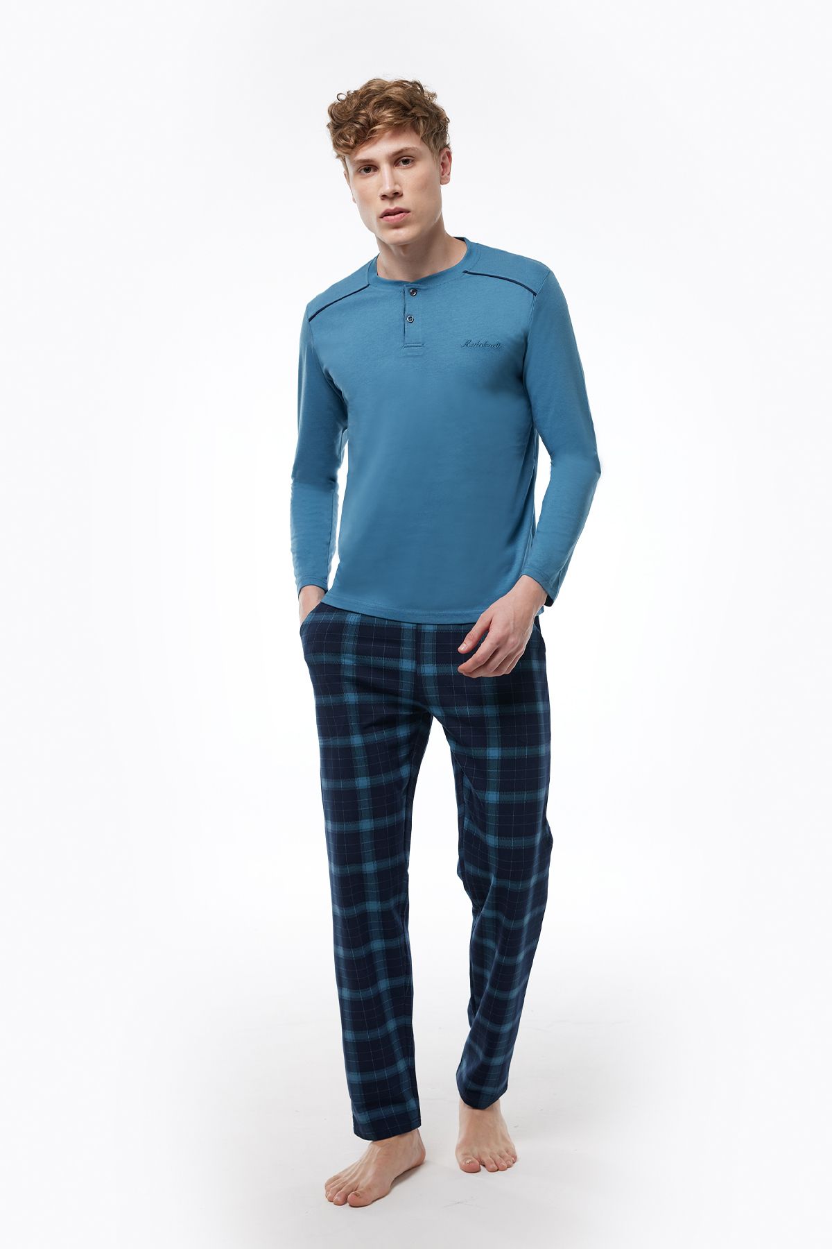 Malabadi Erkek Mavi Ekoseli Düğmeli Yaka Kışlık Uzun Kollu Pijama Takımı 6015