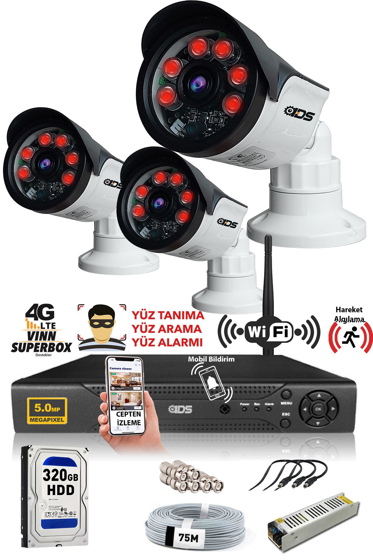IDS 3 Kameralı Set - 5mp Sony Lensli Full Hd Gece Görüşlü Güvenlik Kamerası Sistemi - Cepten Izle
