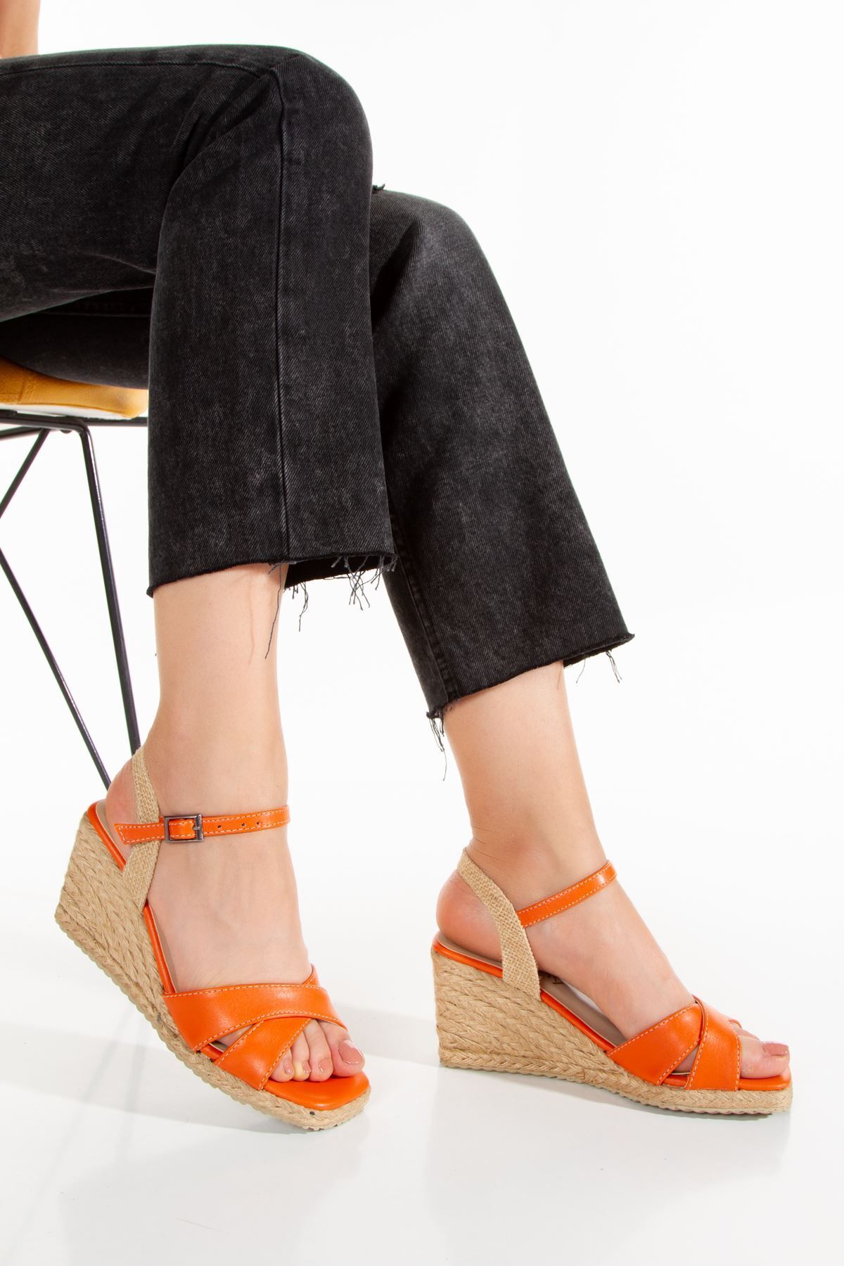 derithy Exclusive Hasır Jut Sargılı Dolgu Topuklu Yazlık Sandalet Ayakkabı -dsr0302-orange