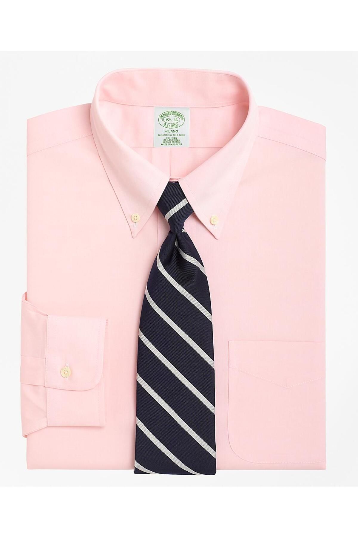 BROOKS BROTHERS Erkek Pembe Non-iron Milano Kesim Düğmeli Yaka Klasik Gömlek