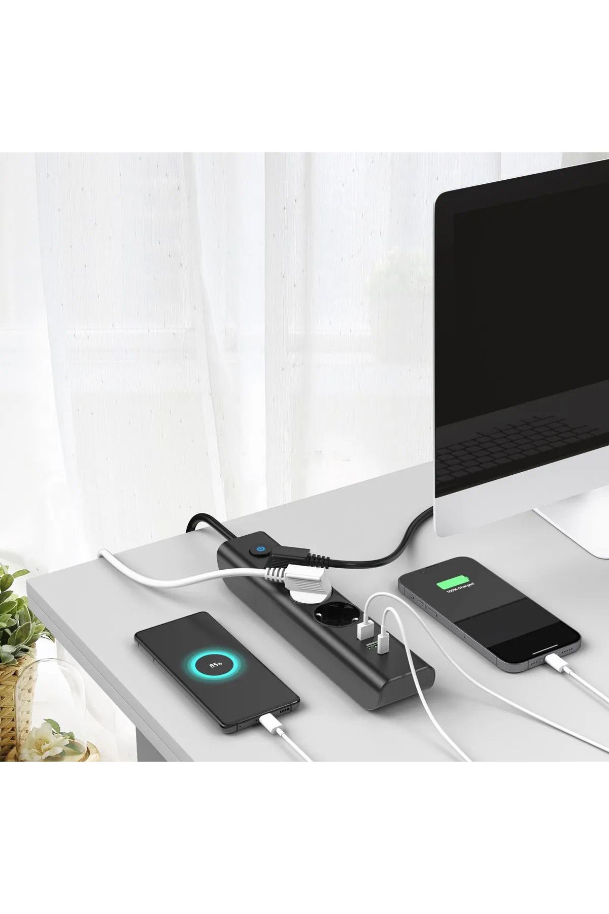 SMAYLİNG Grup Priz 3X Anahtar giriş 3X Usb giriş 1X TYPE-c Girişli Uzatma KABLO 3.4 AMPER TYPE-c giriş