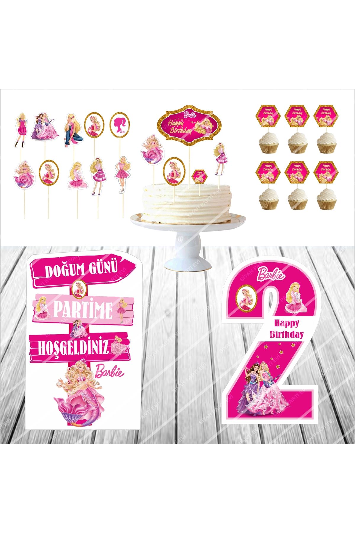 SİYAH PARTİ EVİ Barbie 2 Yaş Doğum Günü Maketi / Pasta Süsü Seti