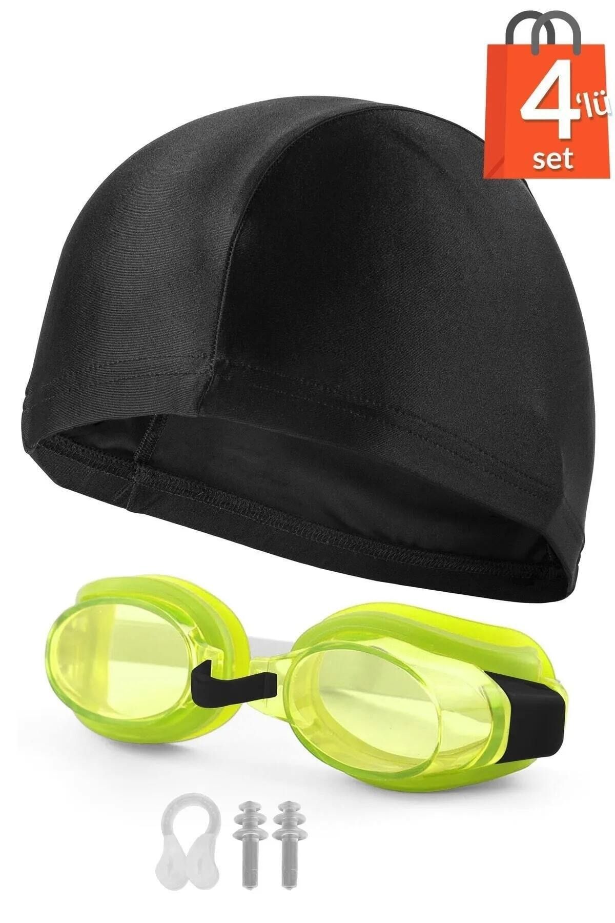 Ozsport 4lü Set Yüzücü Gözlüğü Kumaş Bone Kulak Ve Burun Tıkaçlı Set Yüzme Havuz Deniz Gözlüğü Sarı