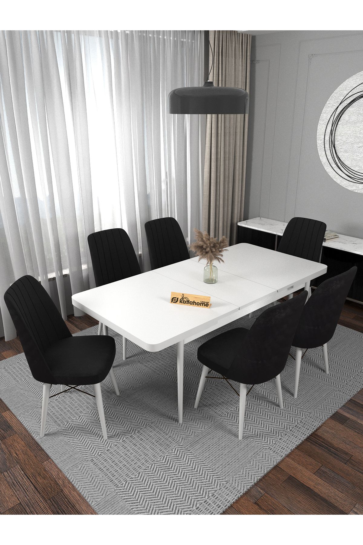 Kaffahome Riff Serisi Aytaşı 80x130 Açılır Yemek Masası , Yemek Masa Takımı 6 Siyah Sandalye