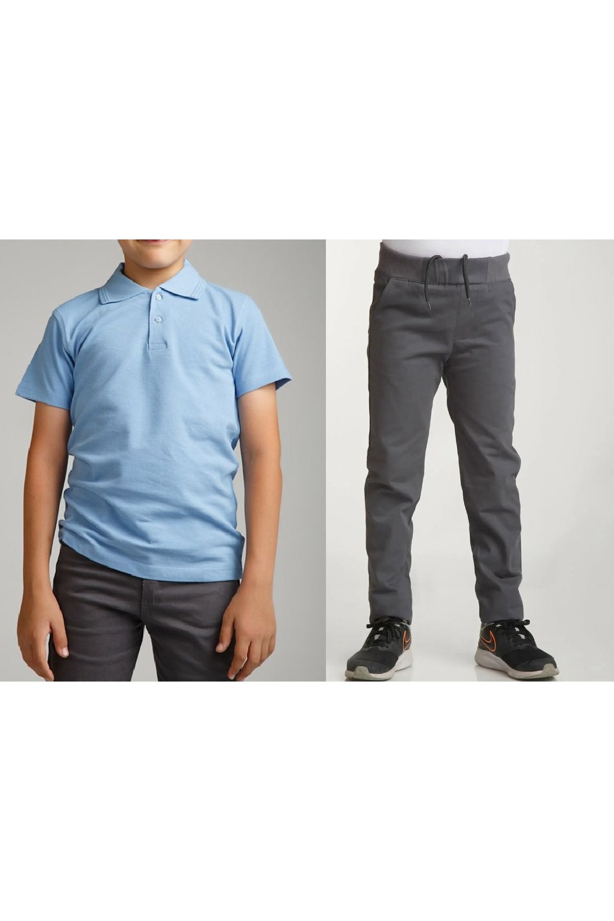 FATELLA Unisex çocuk okul açık gri ribana bel pantolon - kısa kol Polo yaka t-shirt 2li takım