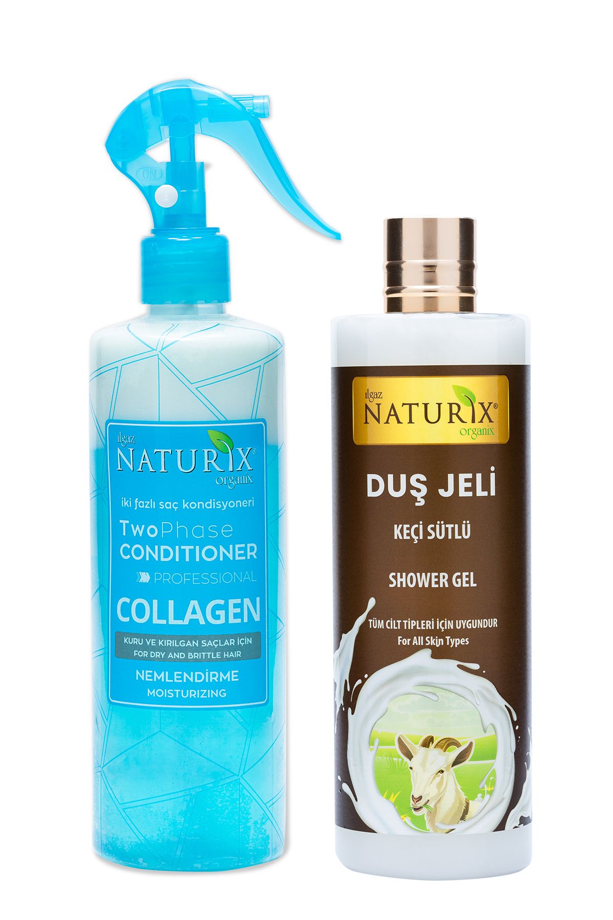 Naturix Bitkisel Collagen Fön Suyu Iki Fazlı Sıvı Saç Kremi 400 Ml + Keçi Sütü Duş Jeli 400 Ml