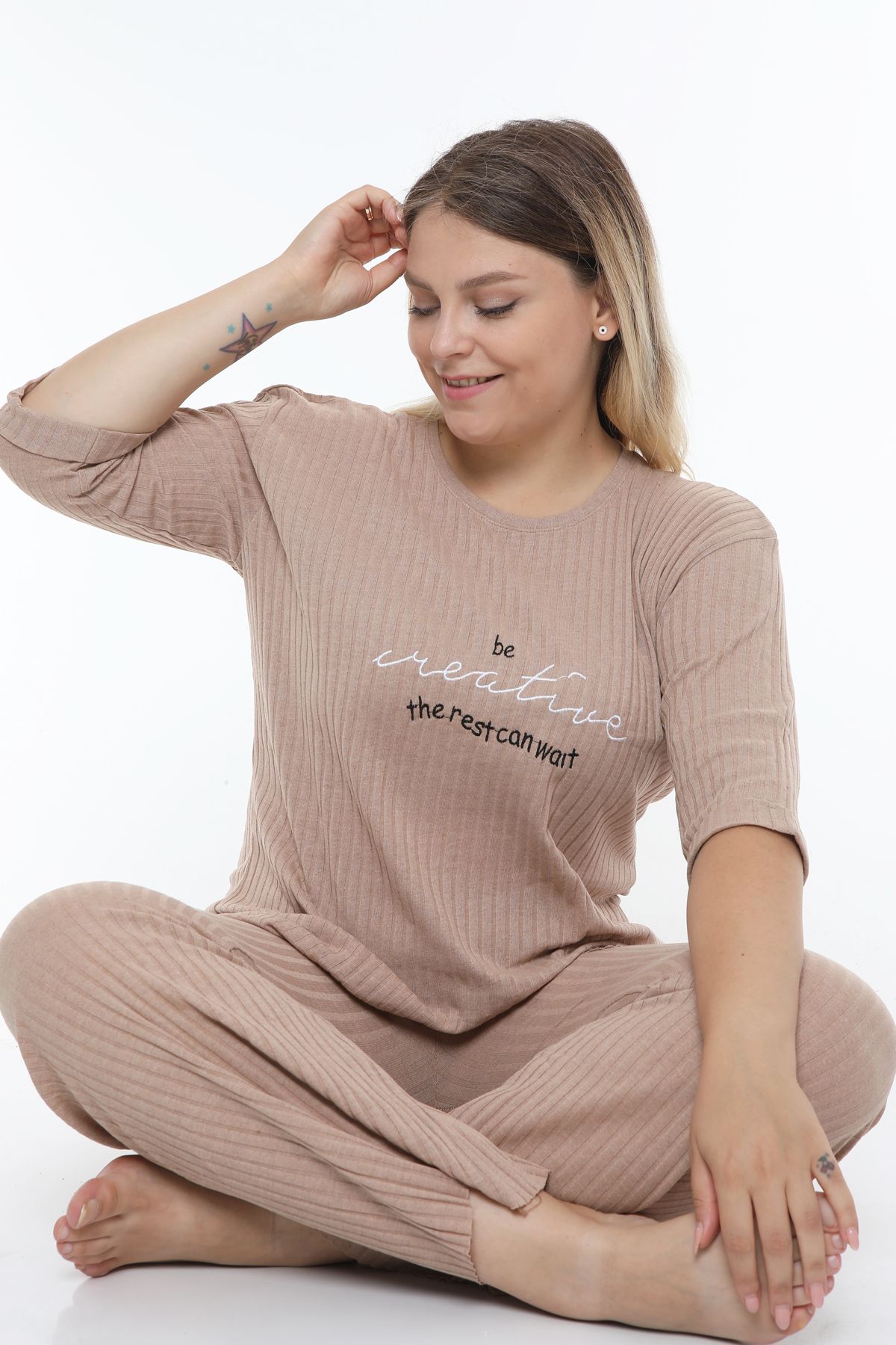 VariaMart Büyük Beden Creative Desenli Uzun Kollu Kadın Pijama Takımı
