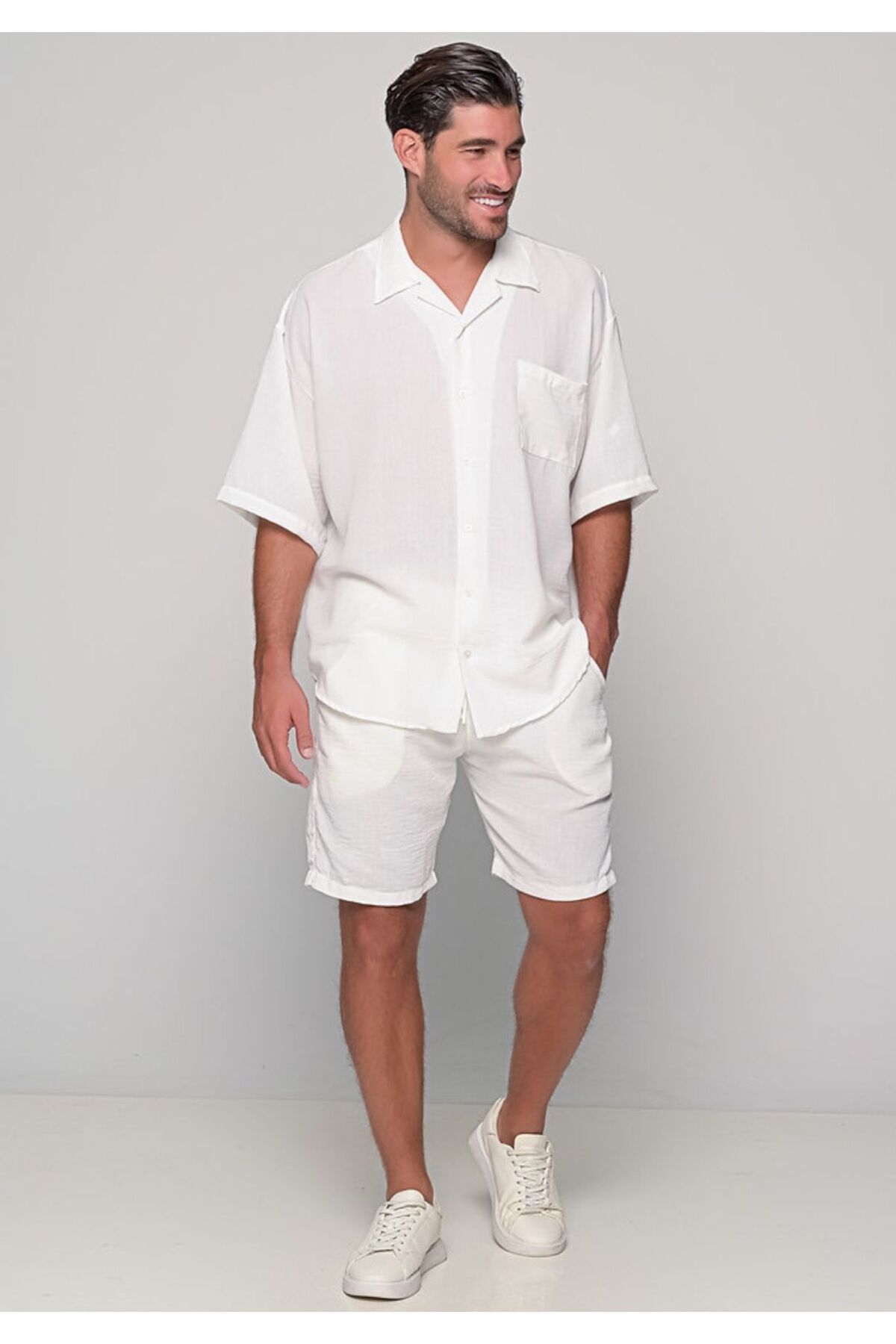 Genel Markalar Erkek Beyaz Rahatlık Ve Stil Doğal Keten Oversize Şort Ve Gömlek Takım