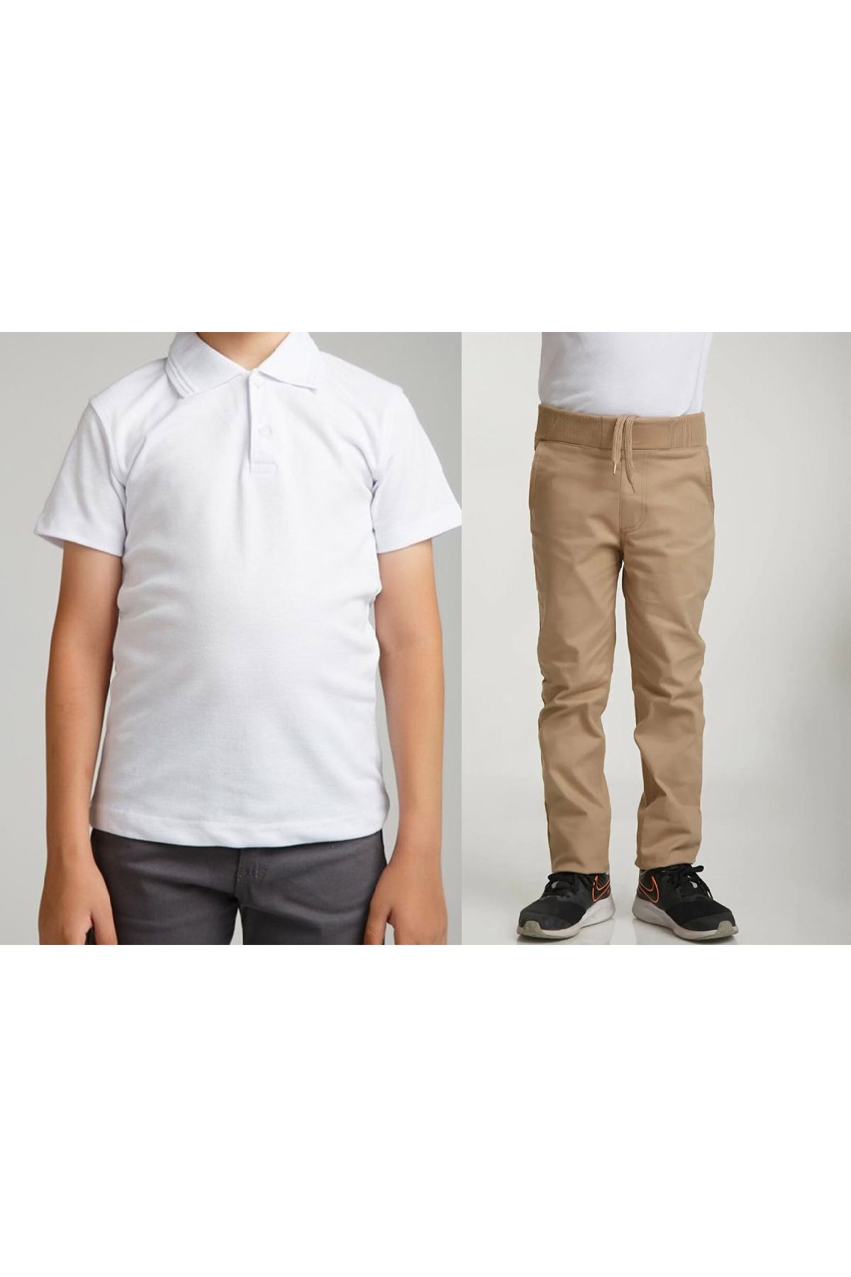 FATELLA Unisex çocuk okul ribana bel pantolon - beyaz kısa kol Polo yaka Tişört 2li takım
