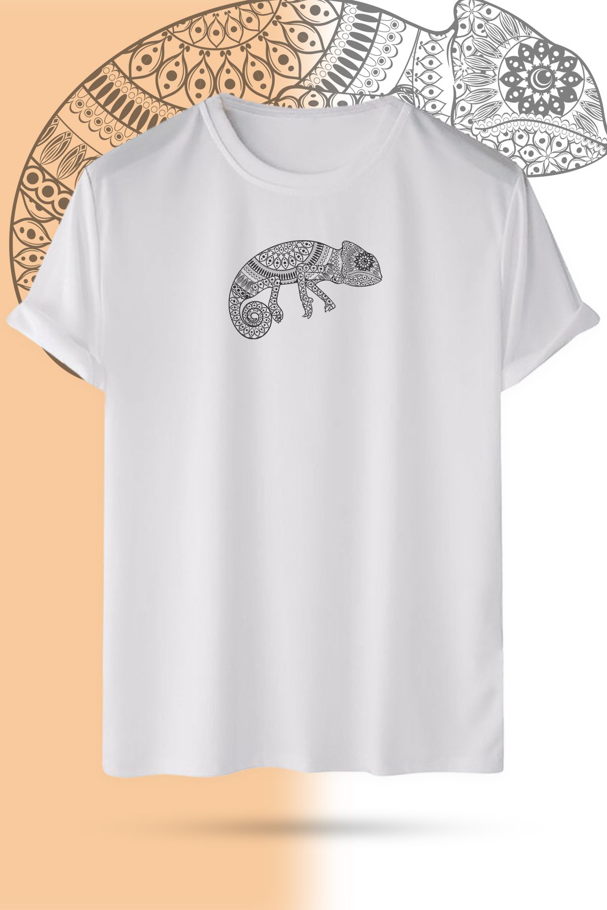 WebStyle Chameleon Pamuklu Bisiklet Yaka Baskılı Beyaz Kısa Kollu Unisex Tişört