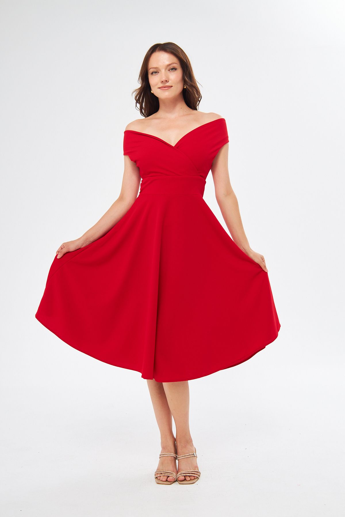 lovebox Kadın Esnek Kumaş Kruvaze Yaka Çan Kesim Kırmızı Abiye Elbise