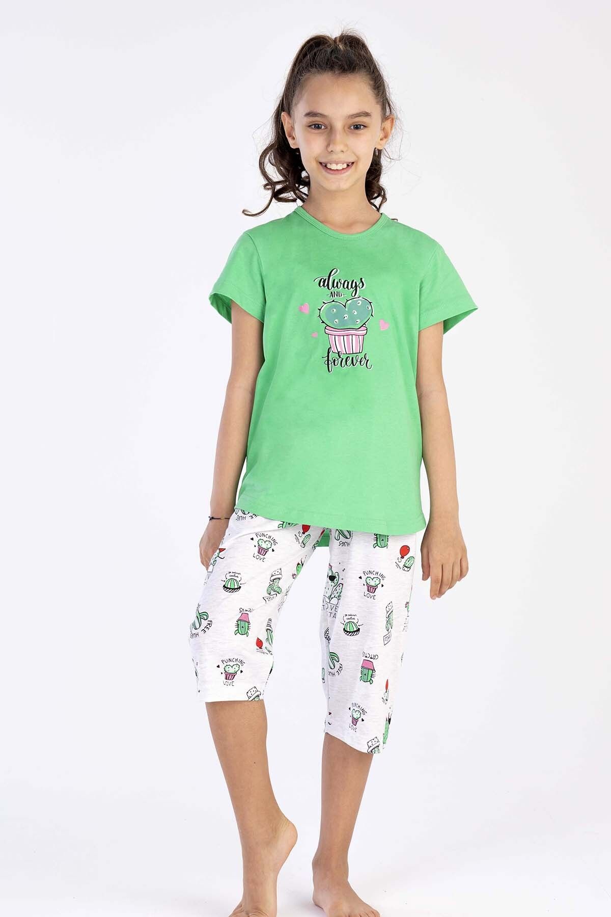 Genel Markalar Kız Çocuk Yeşil Pamuklu Kısa Kol Kaprili Pijama Takım