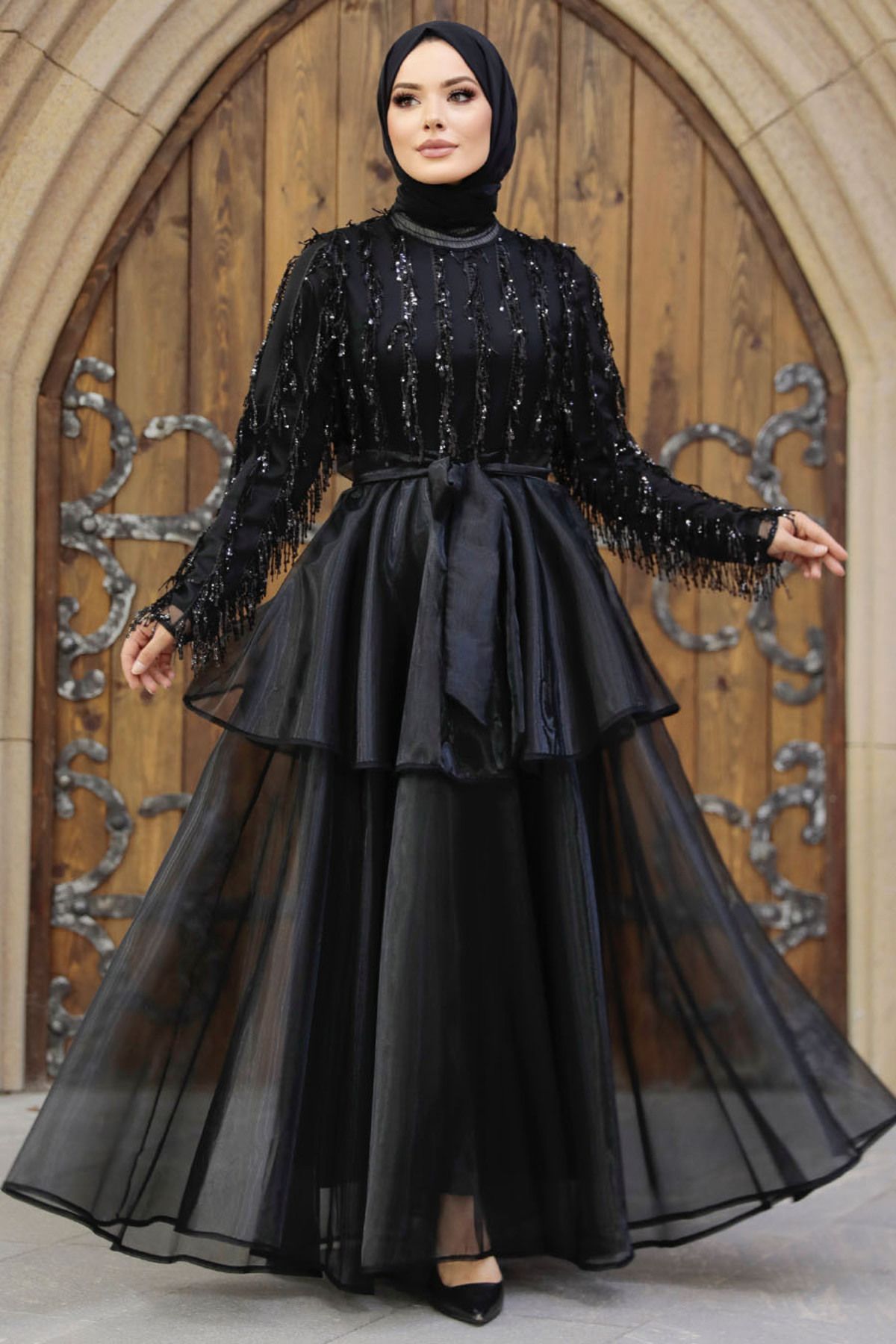 Neva Style Pul Payet Detaylı Siyah Tesettür Abiye Elbise 6742S