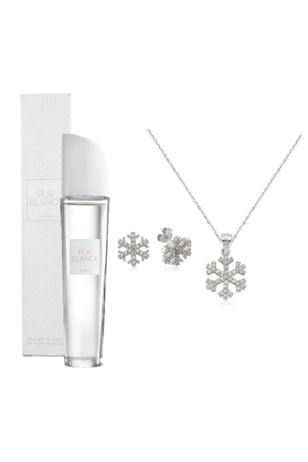 Avon Pur Blanca Kadın Parfüm EDP 50 ml Gümüş Kar Tanesi Kolye Küpe Seti