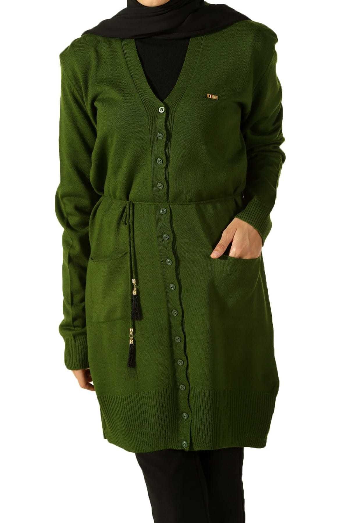 ALLDAY Kadın Yeşil Düğmeli Kuşaklı Triko Hırka TE9189