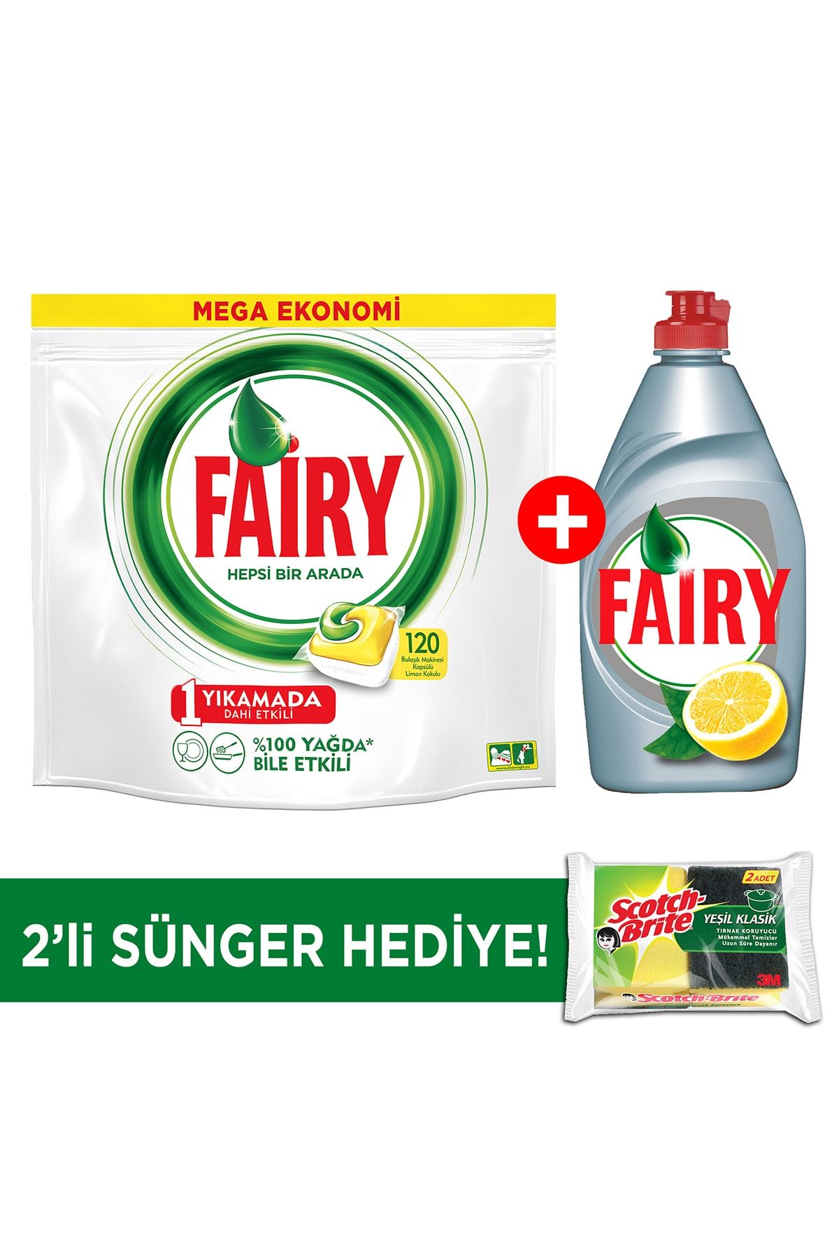 Fairy Hepsi Bir Arada Bulaşık Makinesi Deterjanı Kapsülü Limon Kokulu 120 Yıkama+430ml Sıvı +Sünger